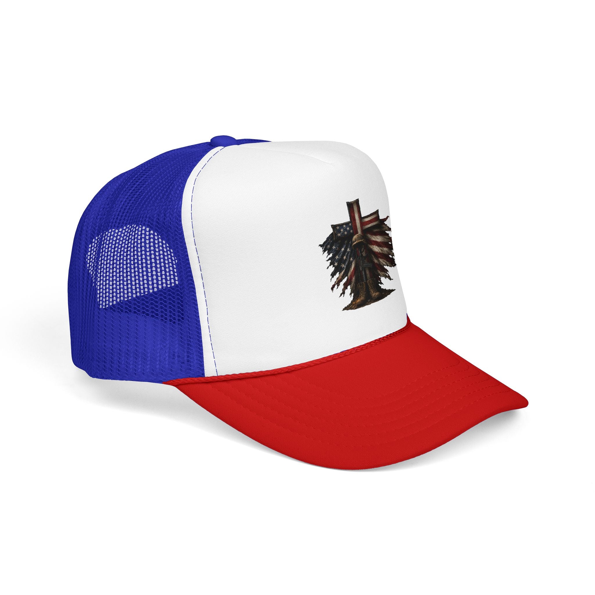 Patriotic Cross Trucker Hat — American Flag Feather Cross Foam Cap