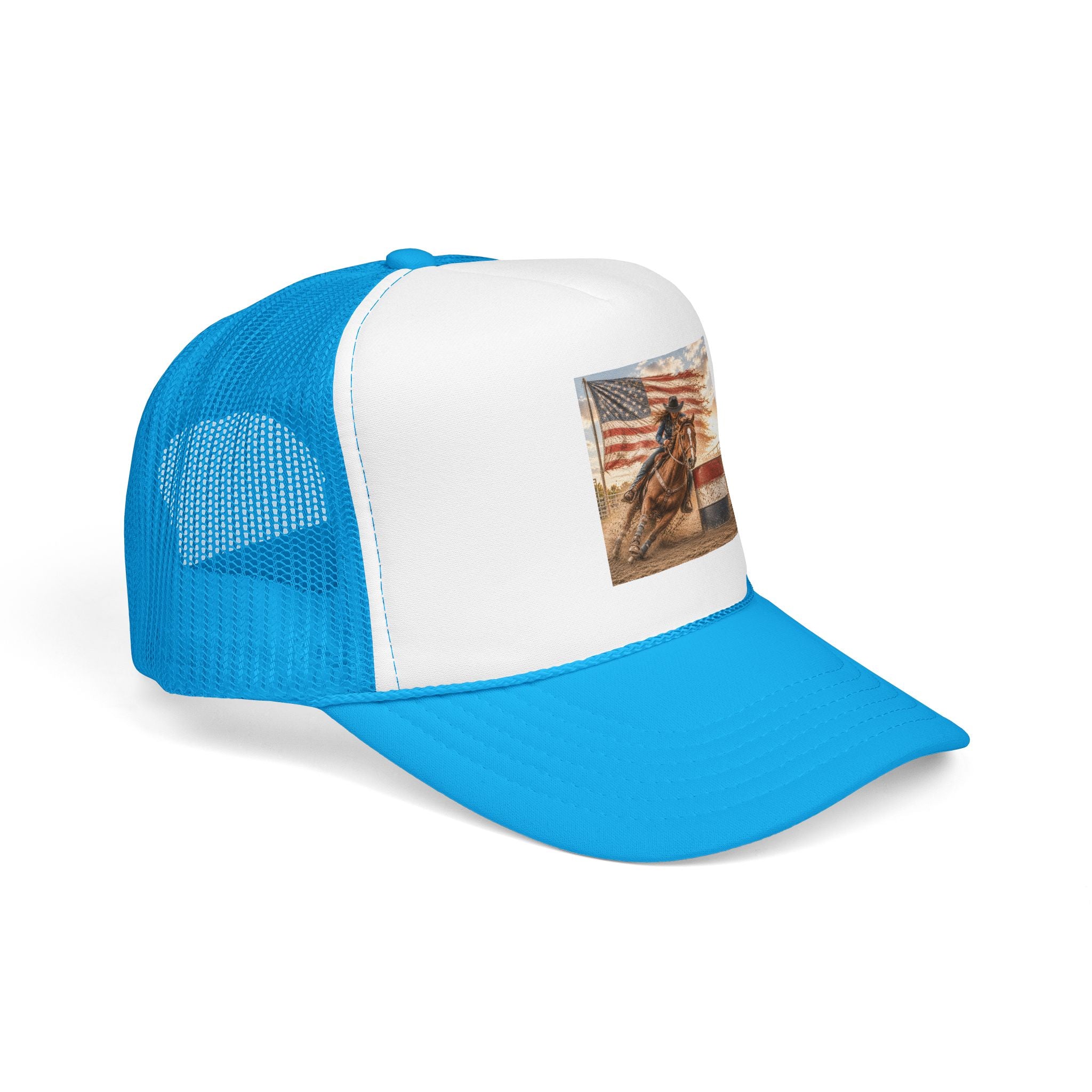 Western Rodeo Trucker Hat — Barrel Racing Horse with American Flag