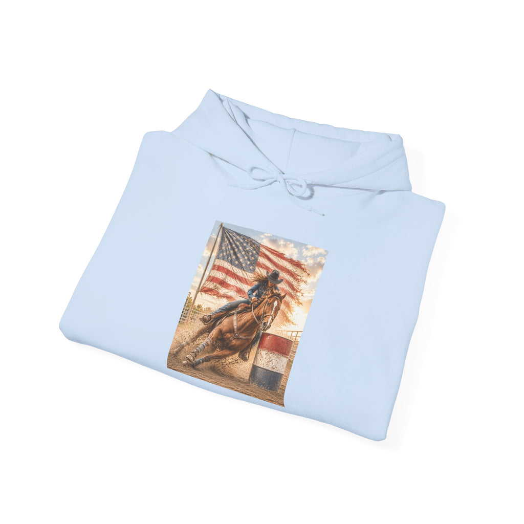 Patriotic Rodeo Horse Hoodie – American Flag Cowboy Pulled by Horse Pullover