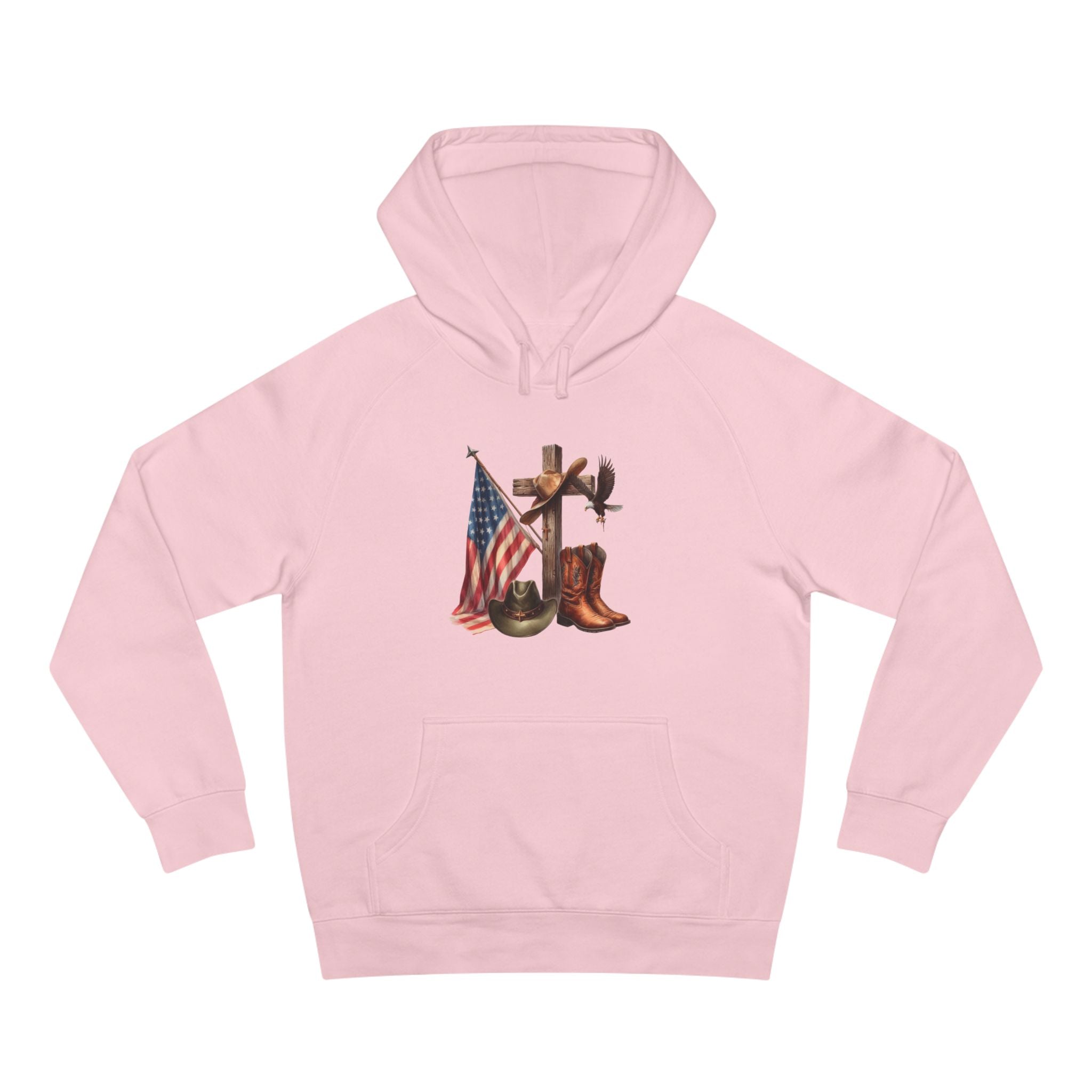 Patriotic Western Hoodie – American Flag, Cowboy Boots & Cross Graphic