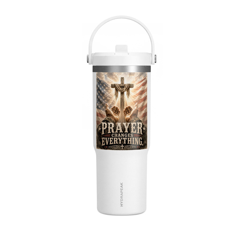 Prayer Changes Everything 32oz Tumbler - Christian Cross & American Flag Travel Cup