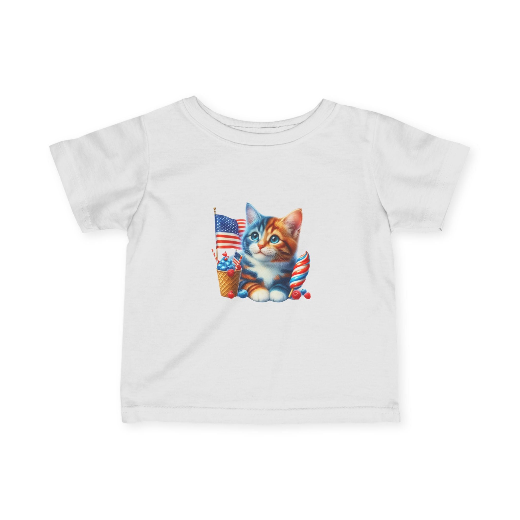 Infant Tee — Patriotic Kitten with Flags & Ice Cream (4th of July Baby Shirt)