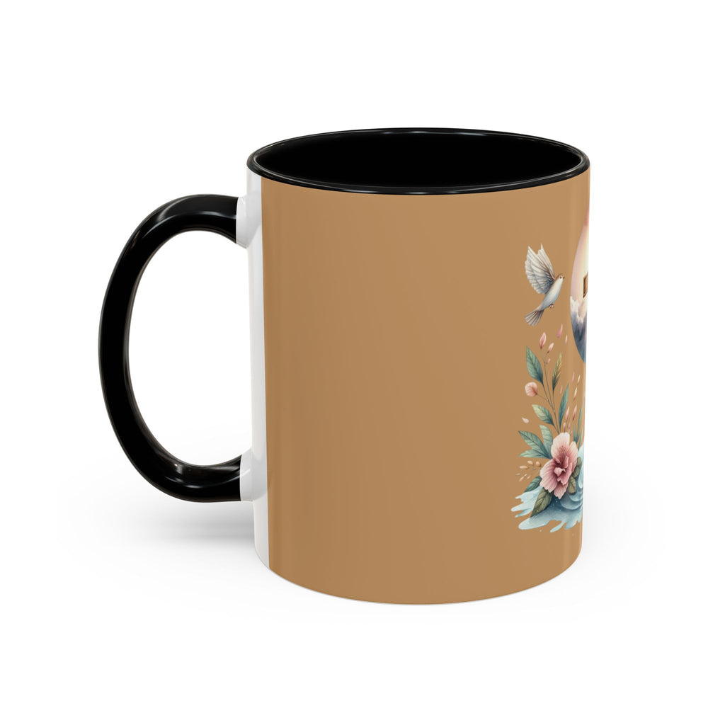 Christian Cross Accent Coffee Mug — Faith, Doves & Floral Baptism Gift (11/15oz)