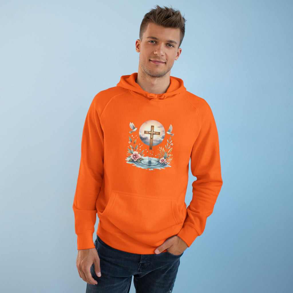 Christian Cross Floral Hoodie – Faith, Doves & Water Illustration