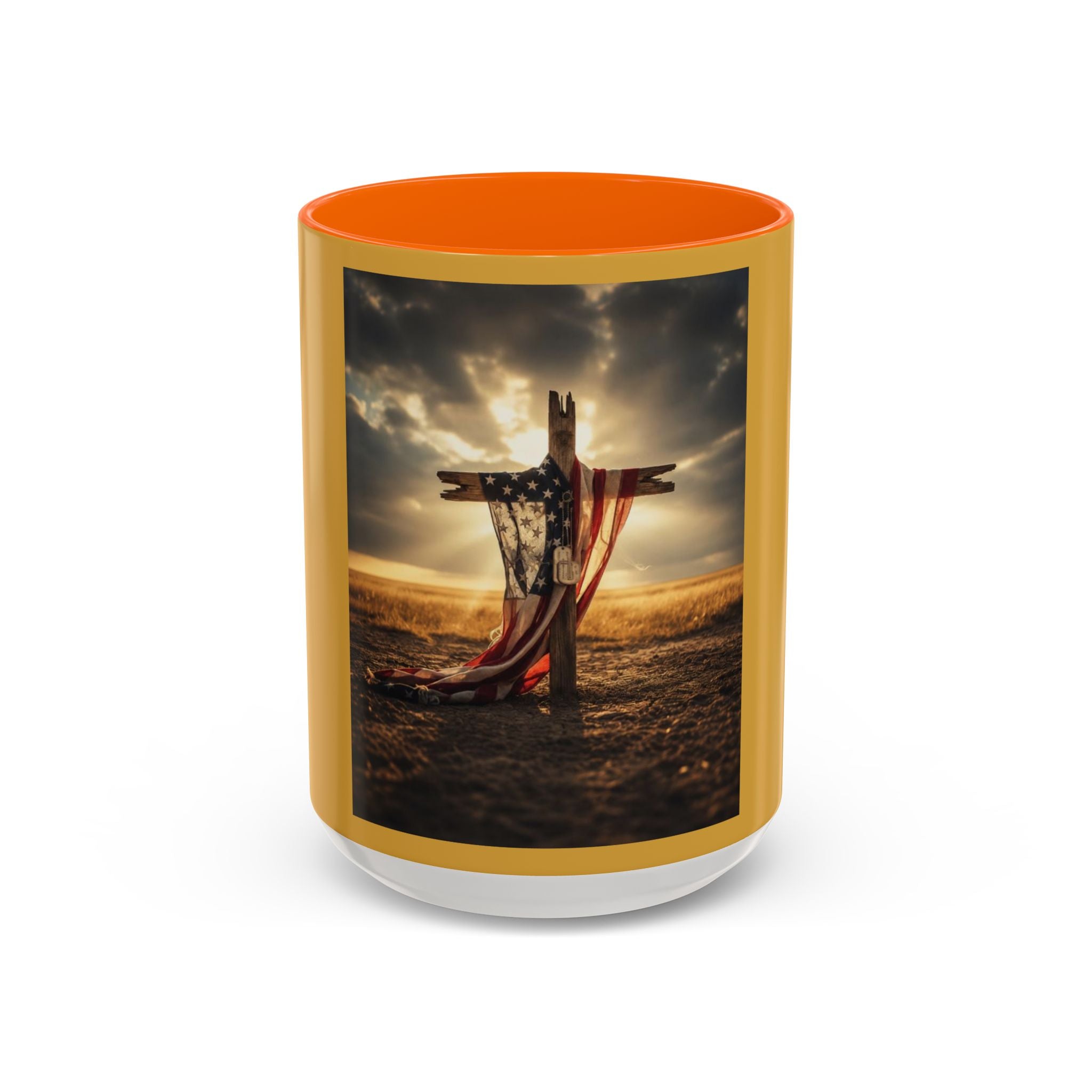 Patriotic Cross Coffee Mug — American Flag Sunrise Accent Mug (11/15oz)