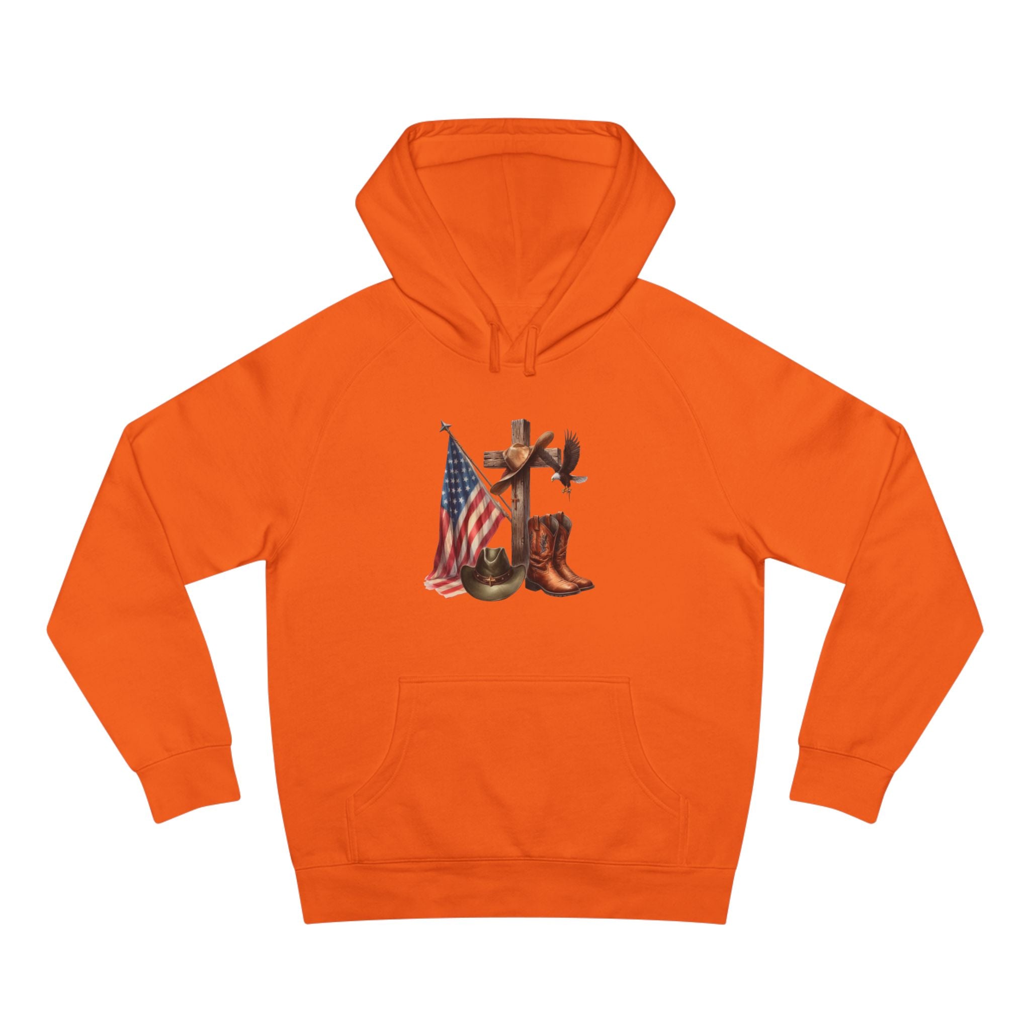 Patriotic Western Hoodie – American Flag, Cowboy Boots & Cross Graphic