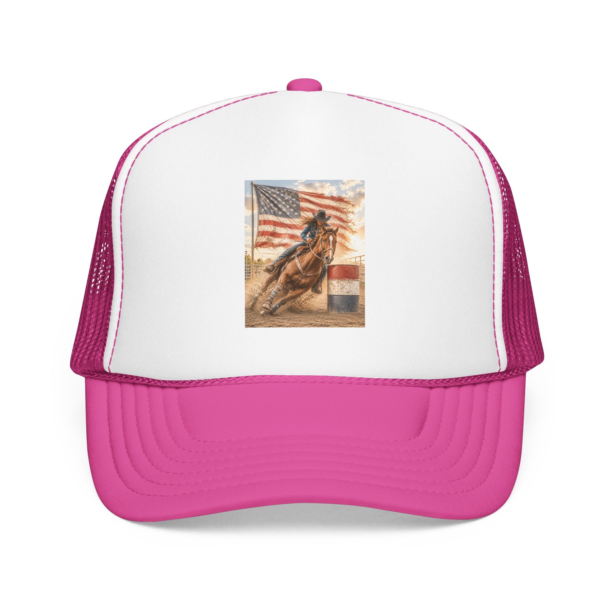 Western Rodeo Trucker Hat — Barrel Racing Horse with American Flag