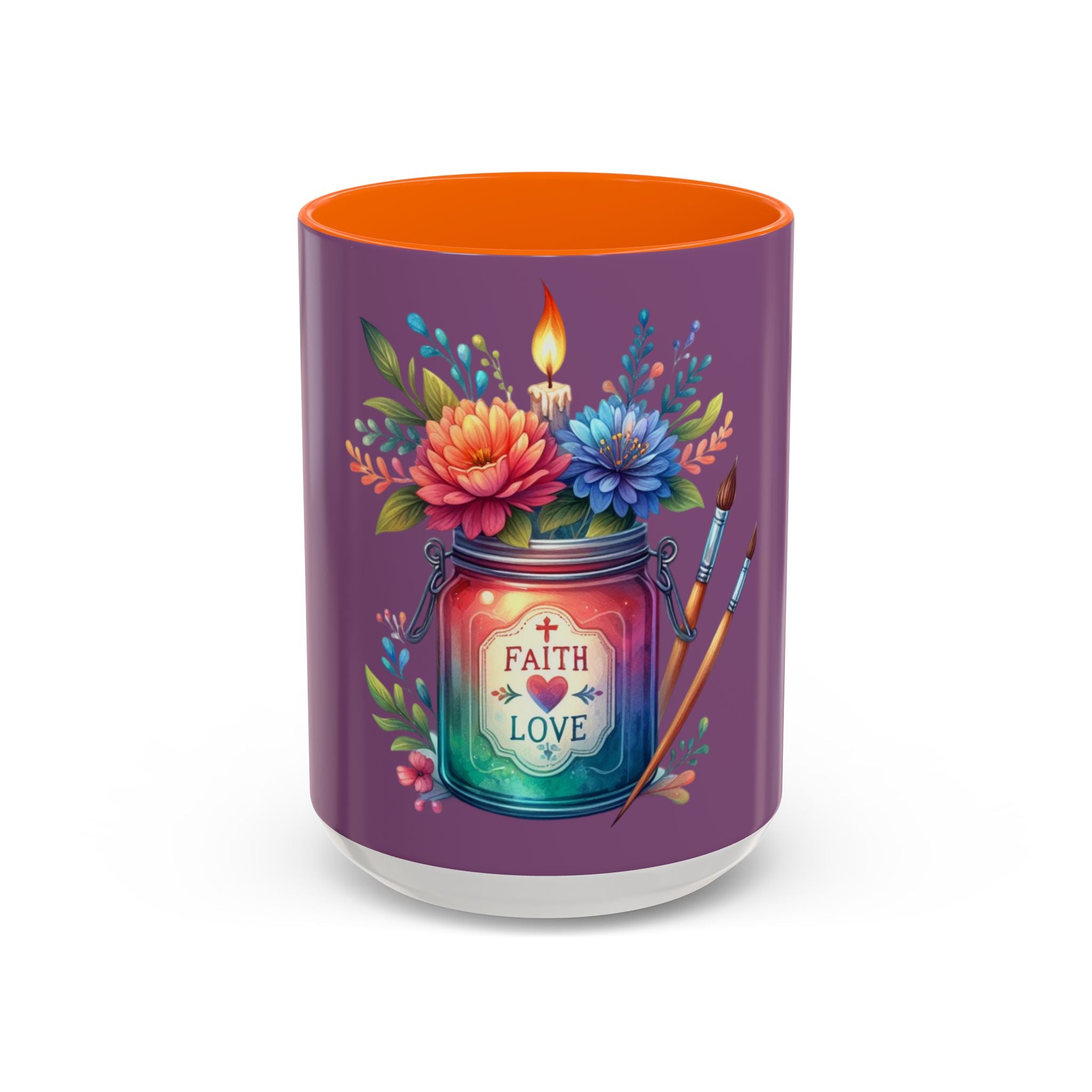 Faith & Love Floral Accent Coffee Mug — Colorful Candle Jar Design (11/15oz)
