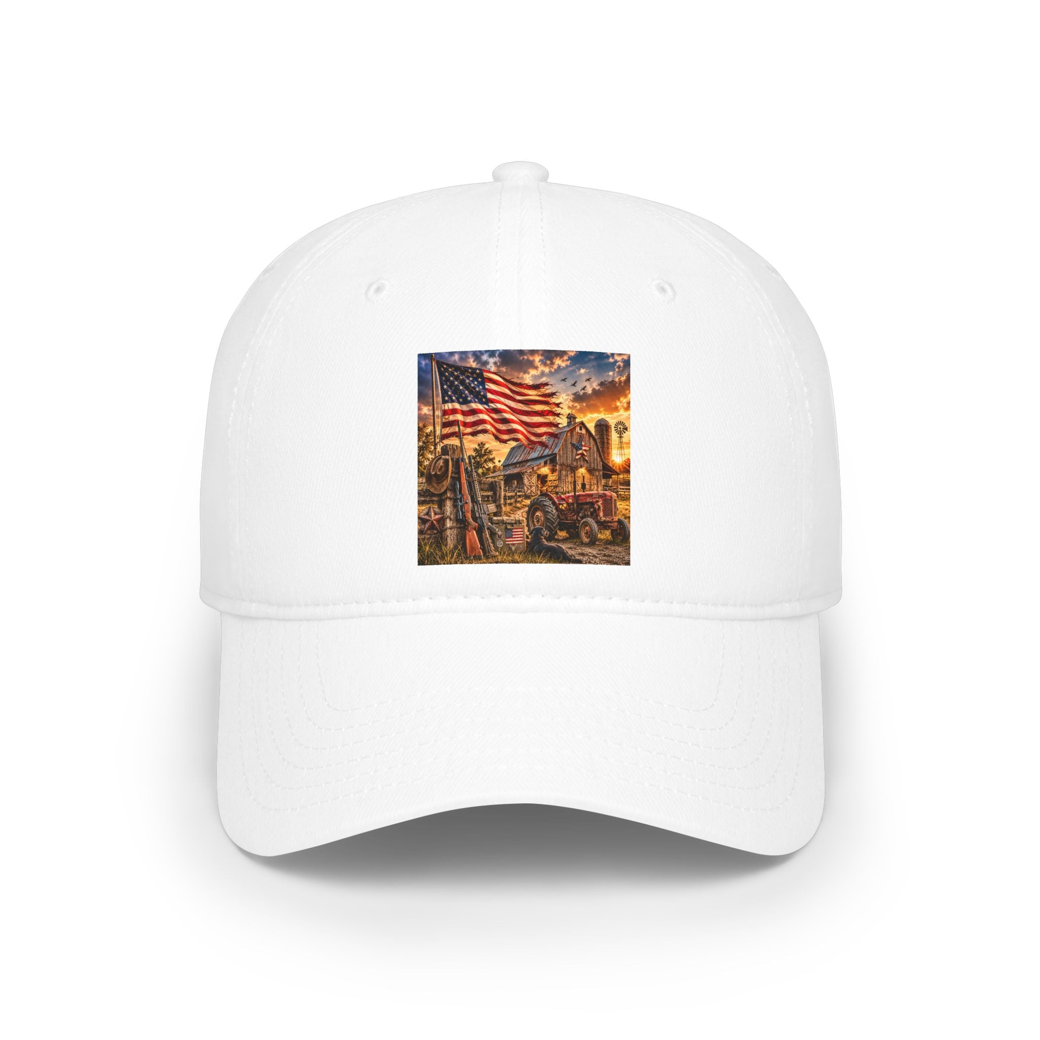 Patriotic Firefighter Scene Baseball Cap — American Flag Firefighter Tribute Hat
