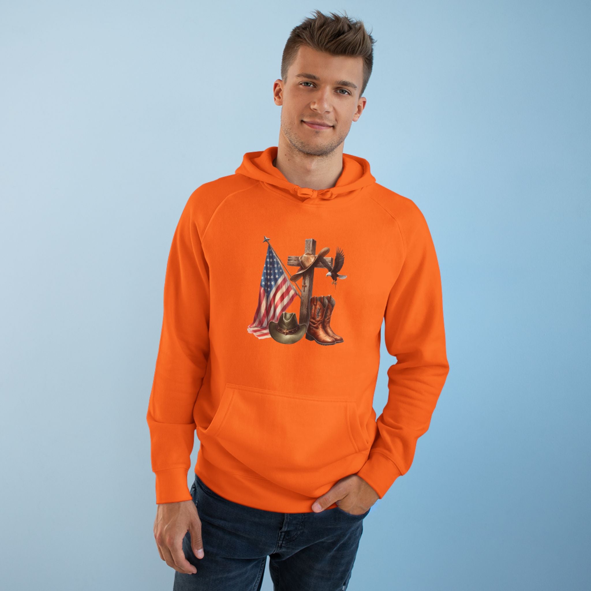 Patriotic Western Hoodie – American Flag, Cowboy Boots & Cross Graphic