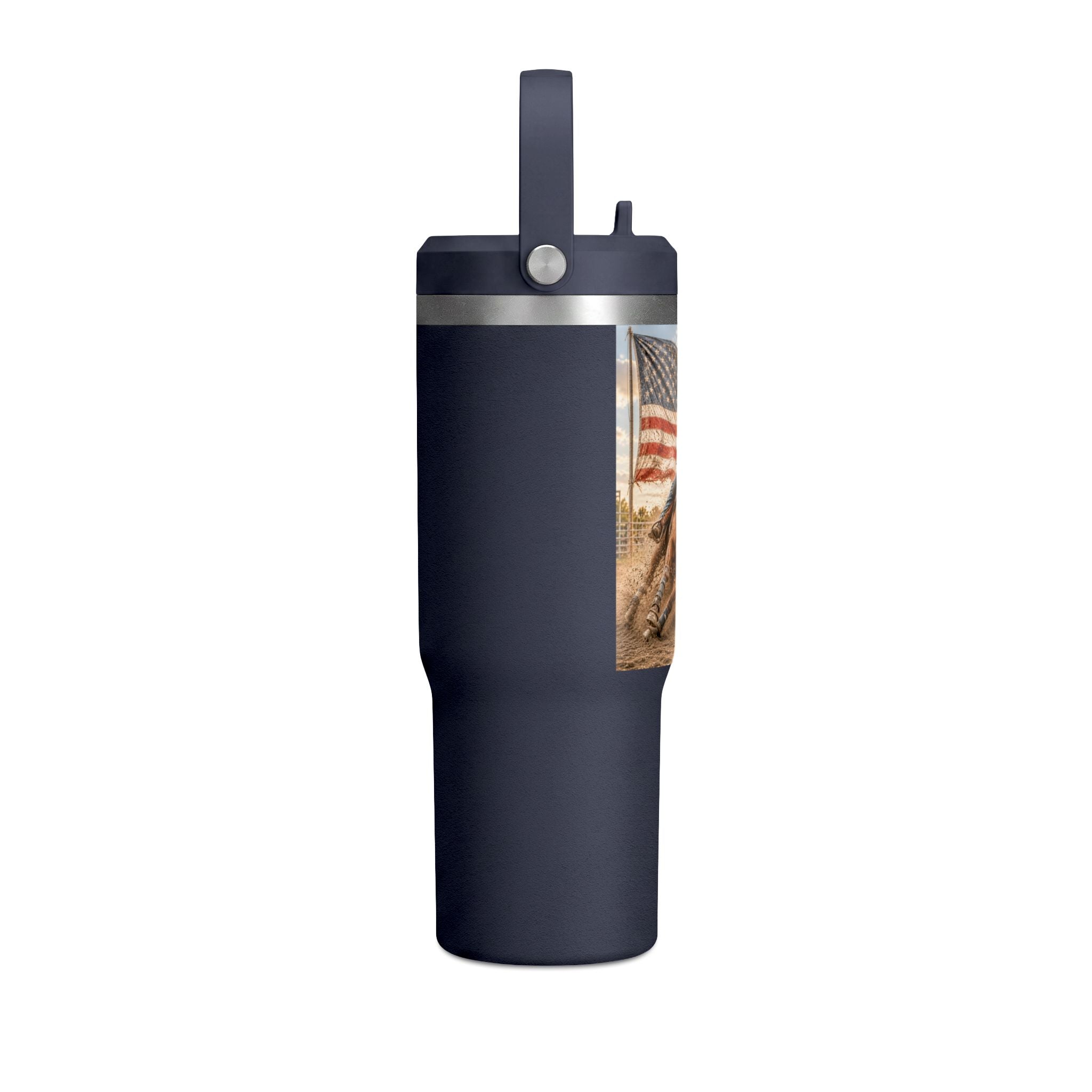 American Rodeo 32oz Tumbler – Horse Barrel Racing with Flag Design