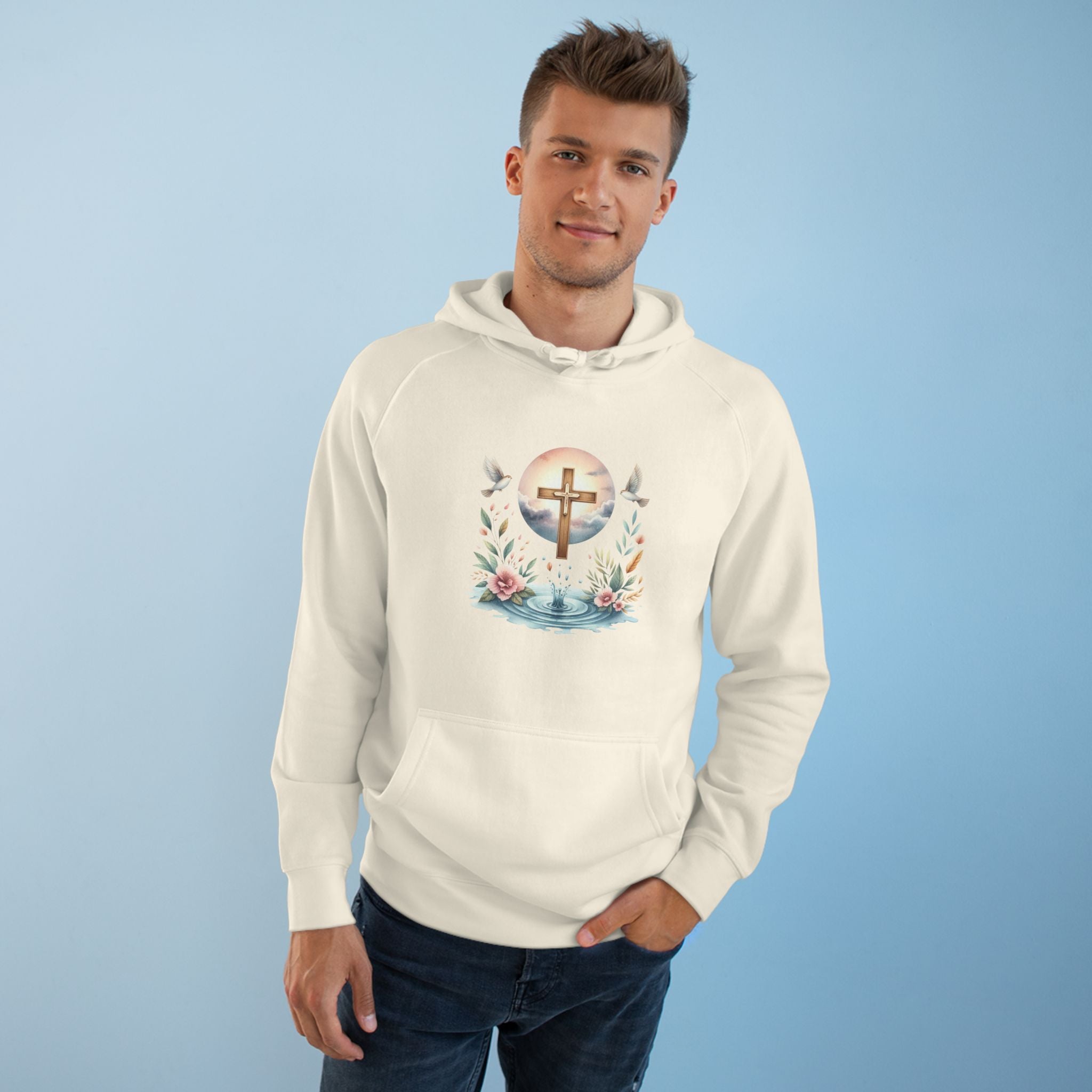 Christian Cross Floral Hoodie – Faith, Doves & Water Illustration