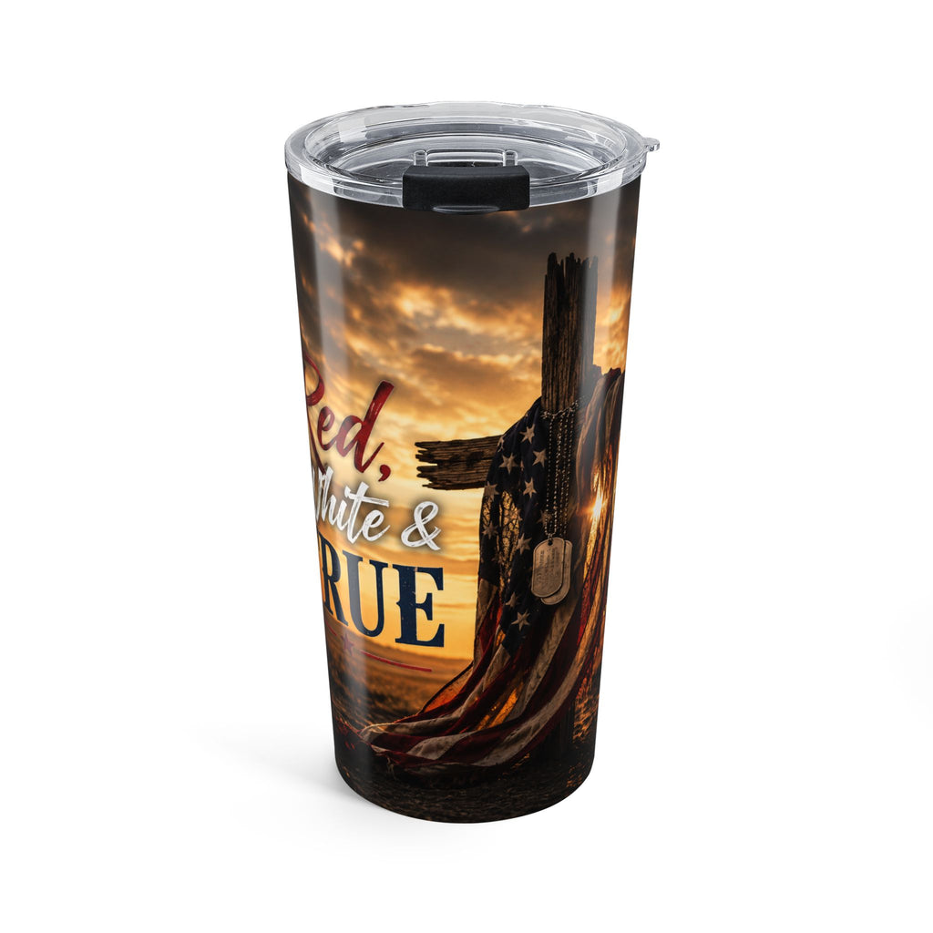 20oz Patriotic Tumbler – "Red, White & True" Flag Cross Travel Mug