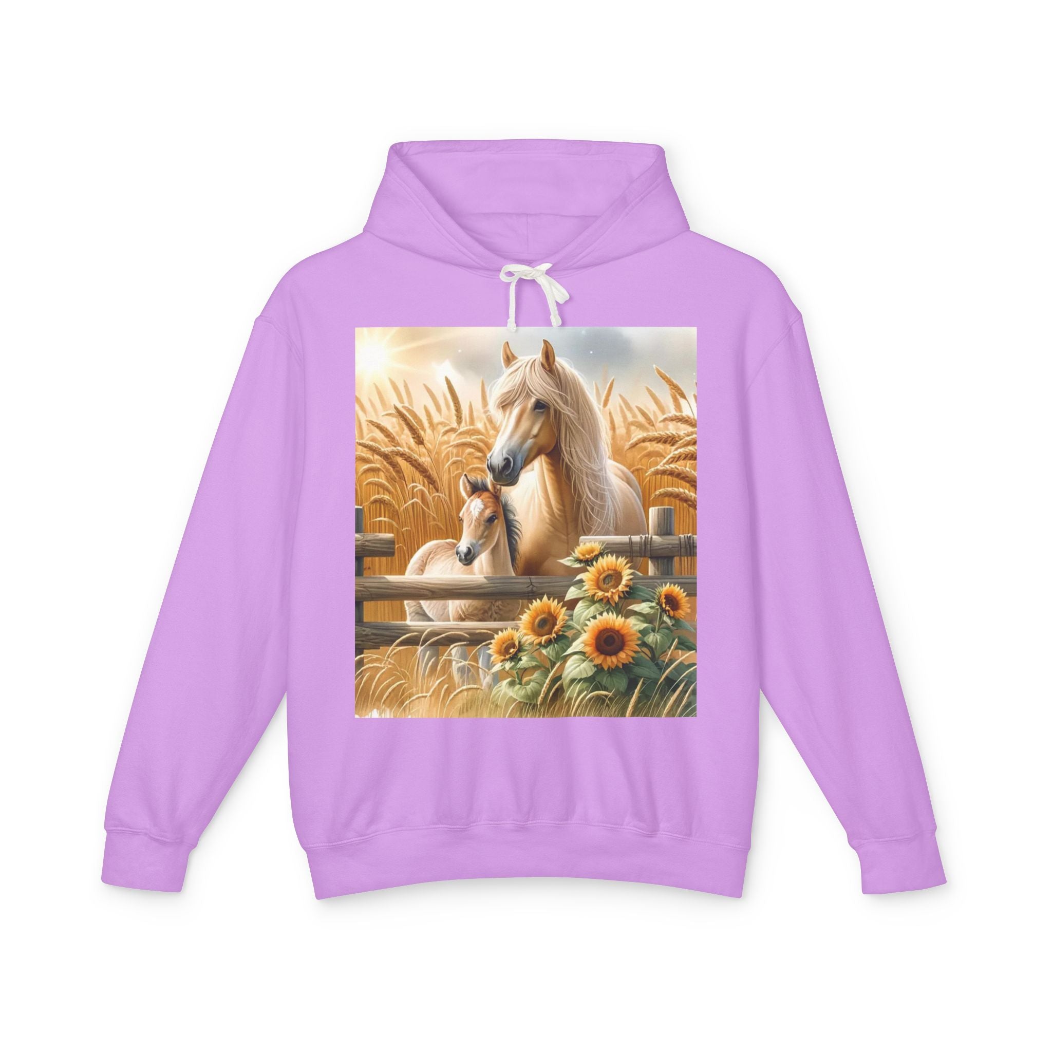 Horse & Foal Sunflower Hoodie — Pastel Farm Animal Sweatshirt