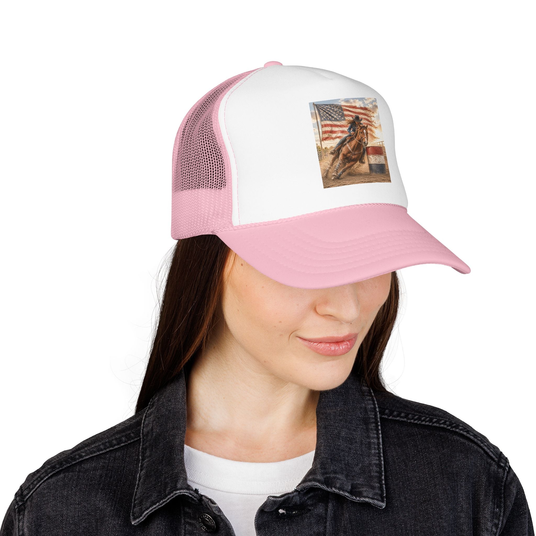 Western Rodeo Trucker Hat — Barrel Racing Horse with American Flag