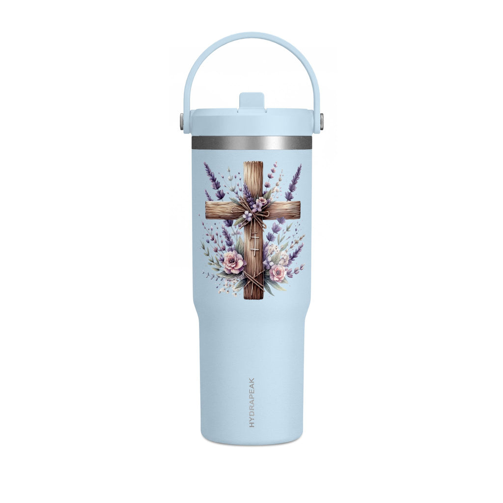 32oz Tumbler with Floral Cross Design — Christian Hydration Bottle | Lavender & Rose Nomad Tumbler