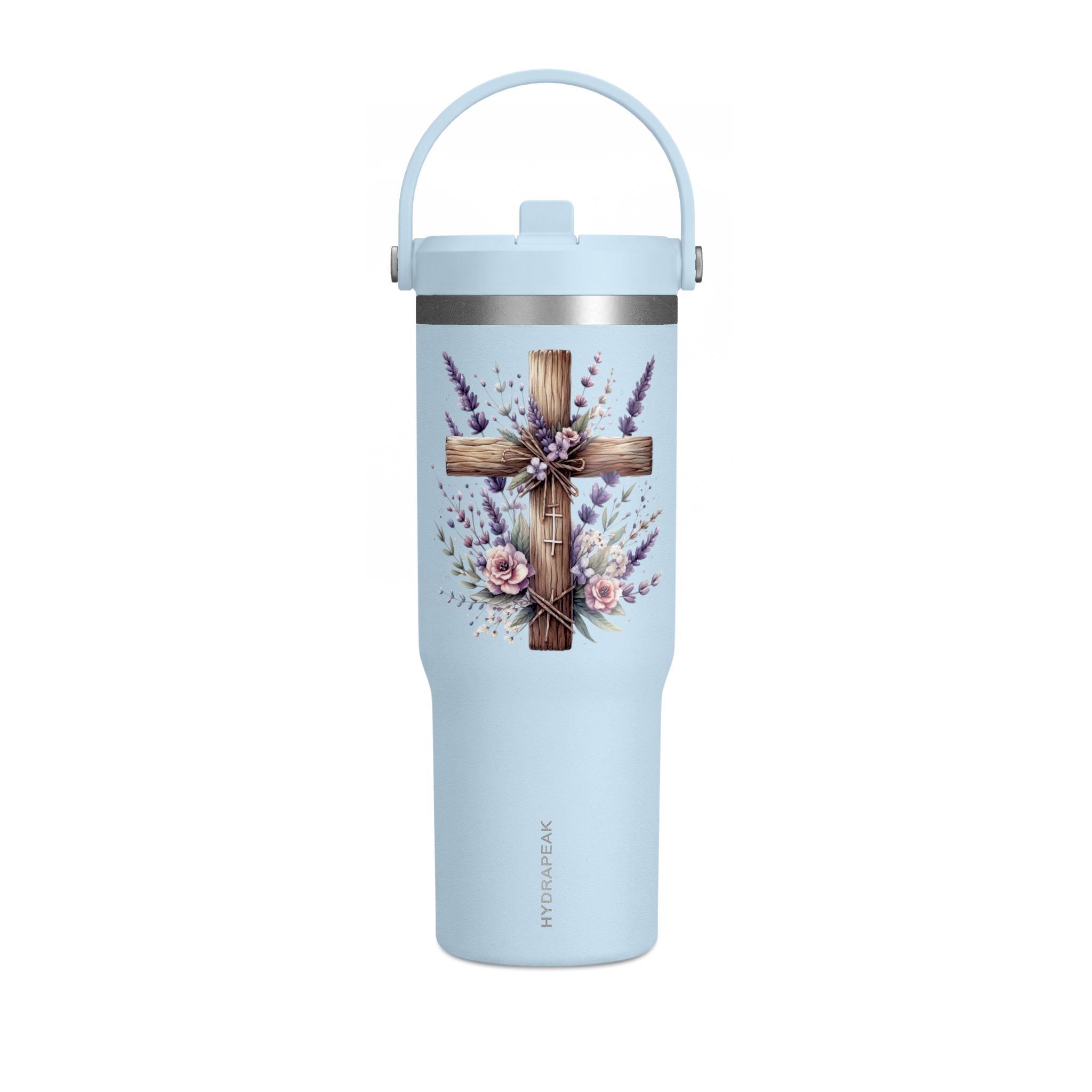 32oz Tumbler with Floral Cross Design — Christian Hydration Bottle | Lavender & Rose Nomad Tumbler