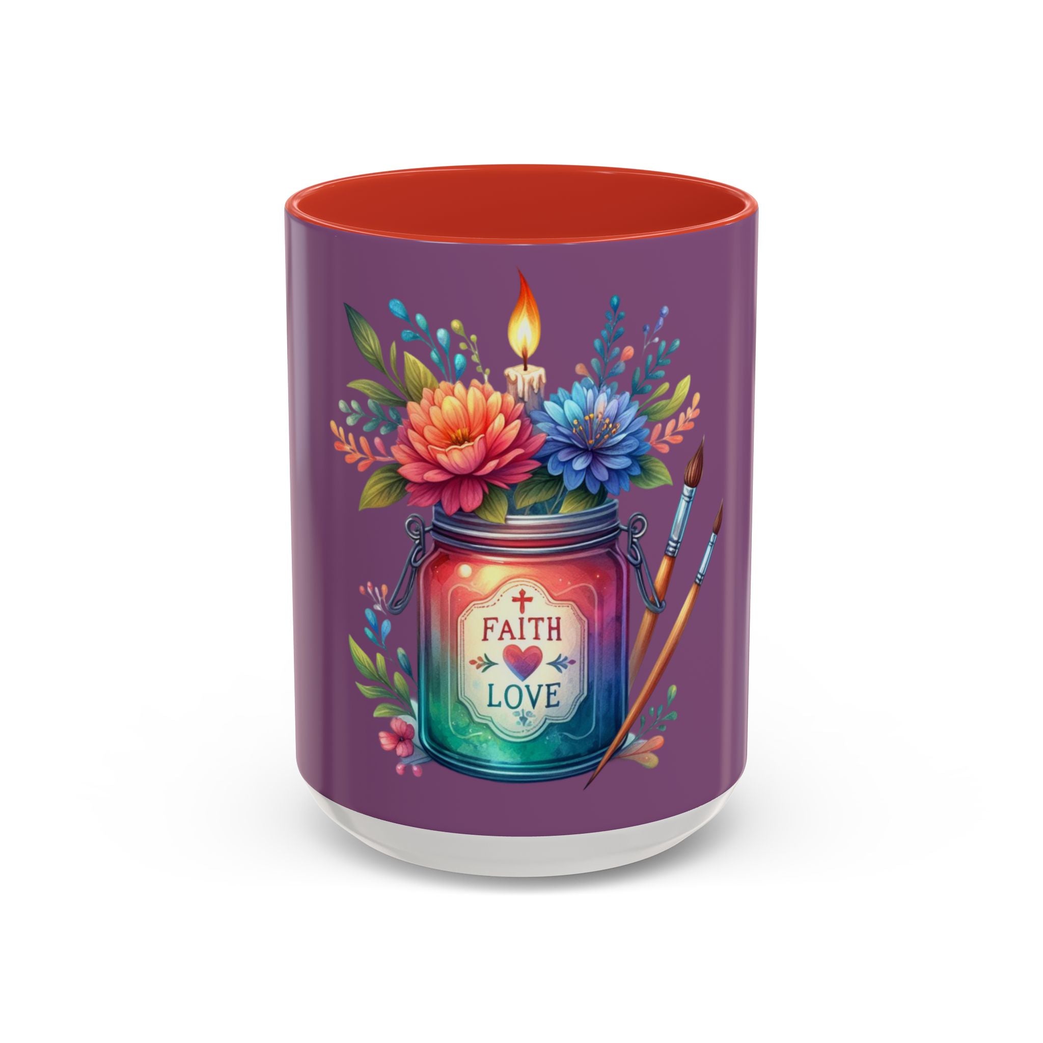 Faith & Love Floral Accent Coffee Mug — Colorful Candle Jar Design (11/15oz)