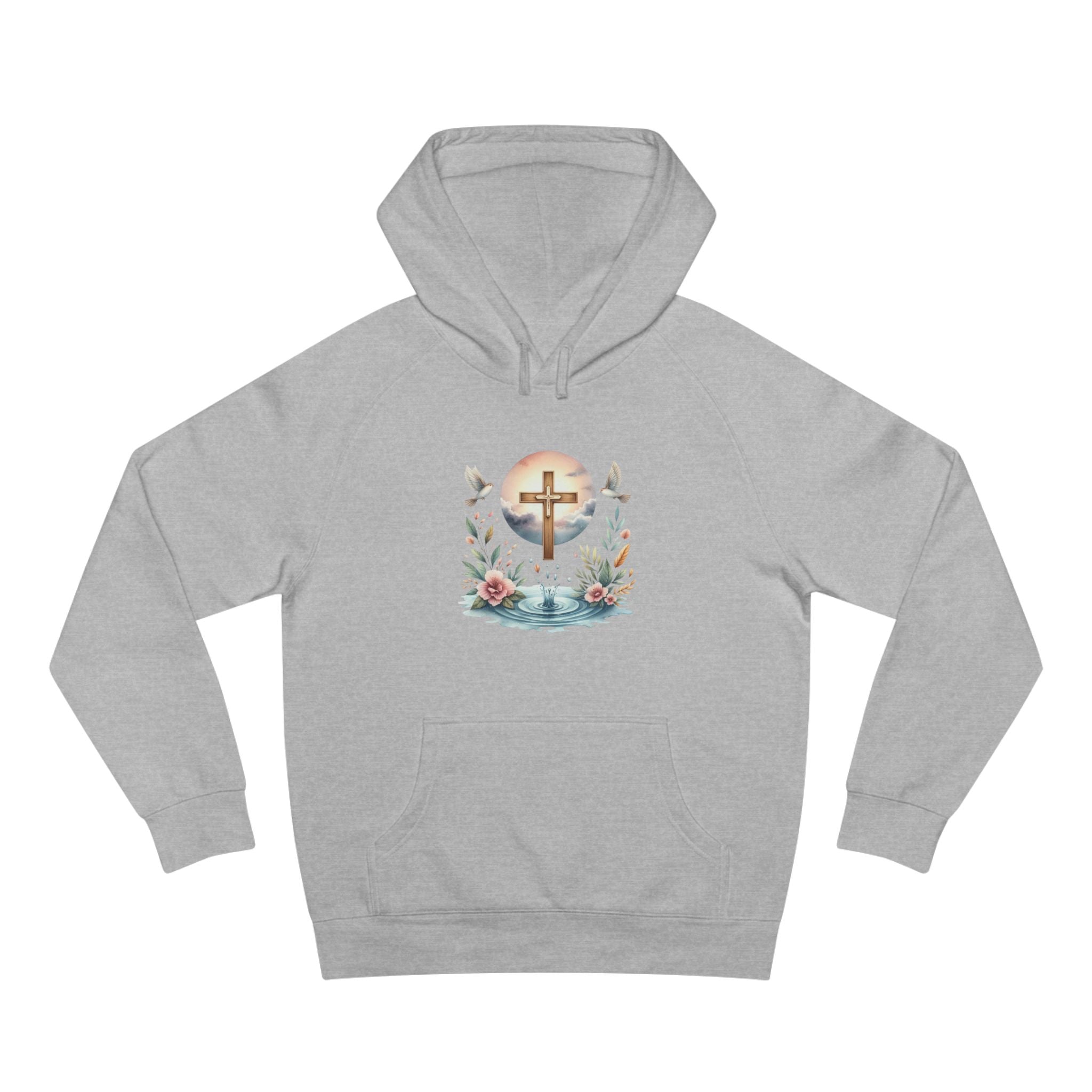 Christian Cross Floral Hoodie – Faith, Doves & Water Illustration