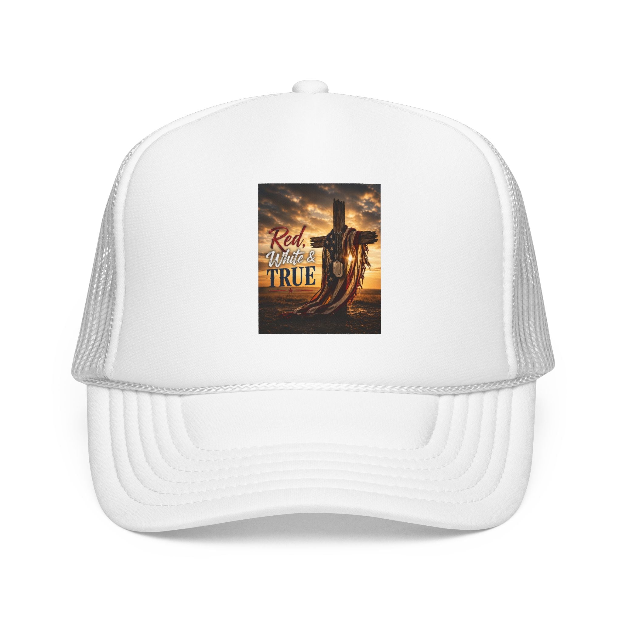 Trucker Hat — "God Made A Farmer" Cross Sunset Foam Trucker Hat
