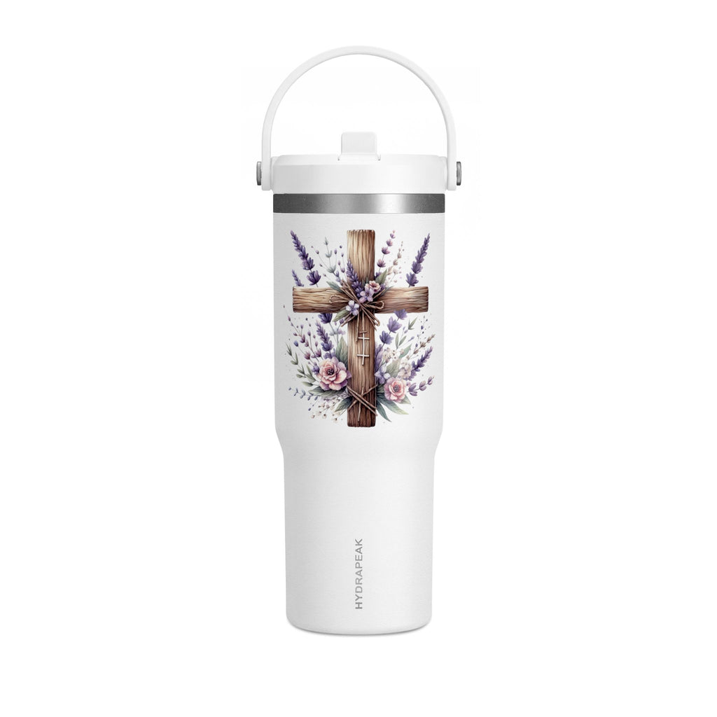 32oz Tumbler with Floral Cross Design — Christian Hydration Bottle | Lavender & Rose Nomad Tumbler