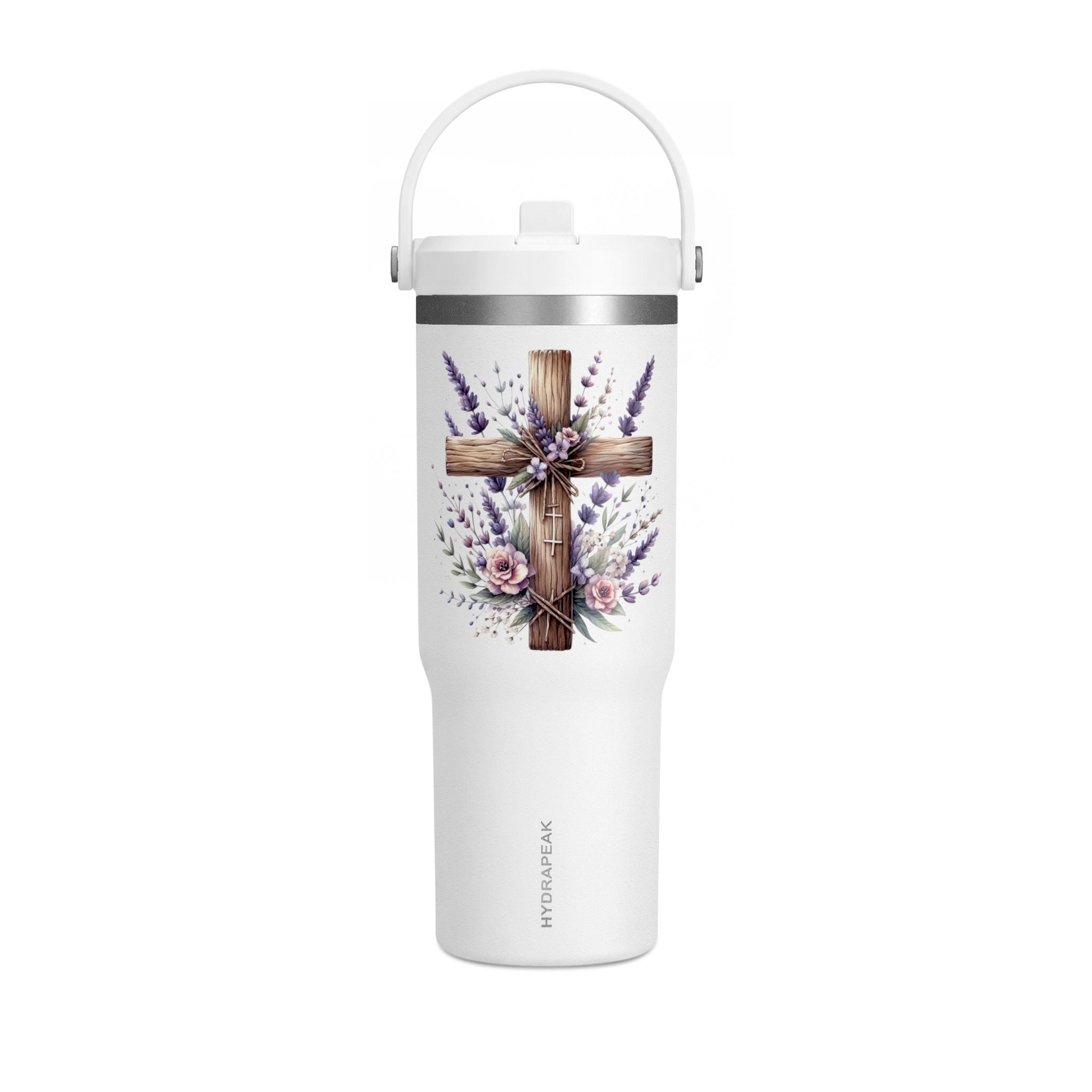 32oz Tumbler with Floral Cross Design — Christian Hydration Bottle | Lavender & Rose Nomad Tumbler