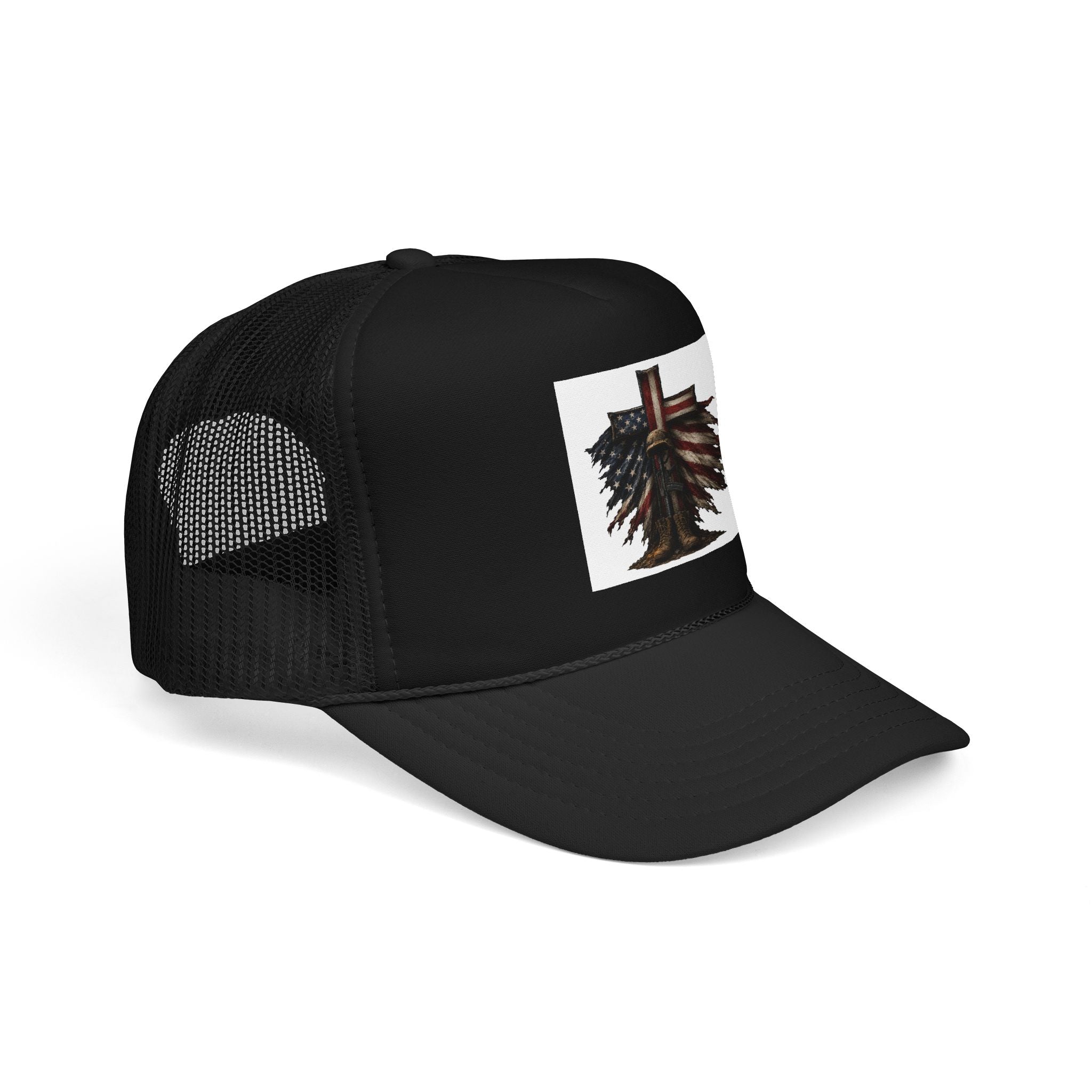 Patriotic Cross Trucker Hat — American Flag Feather Cross Foam Cap
