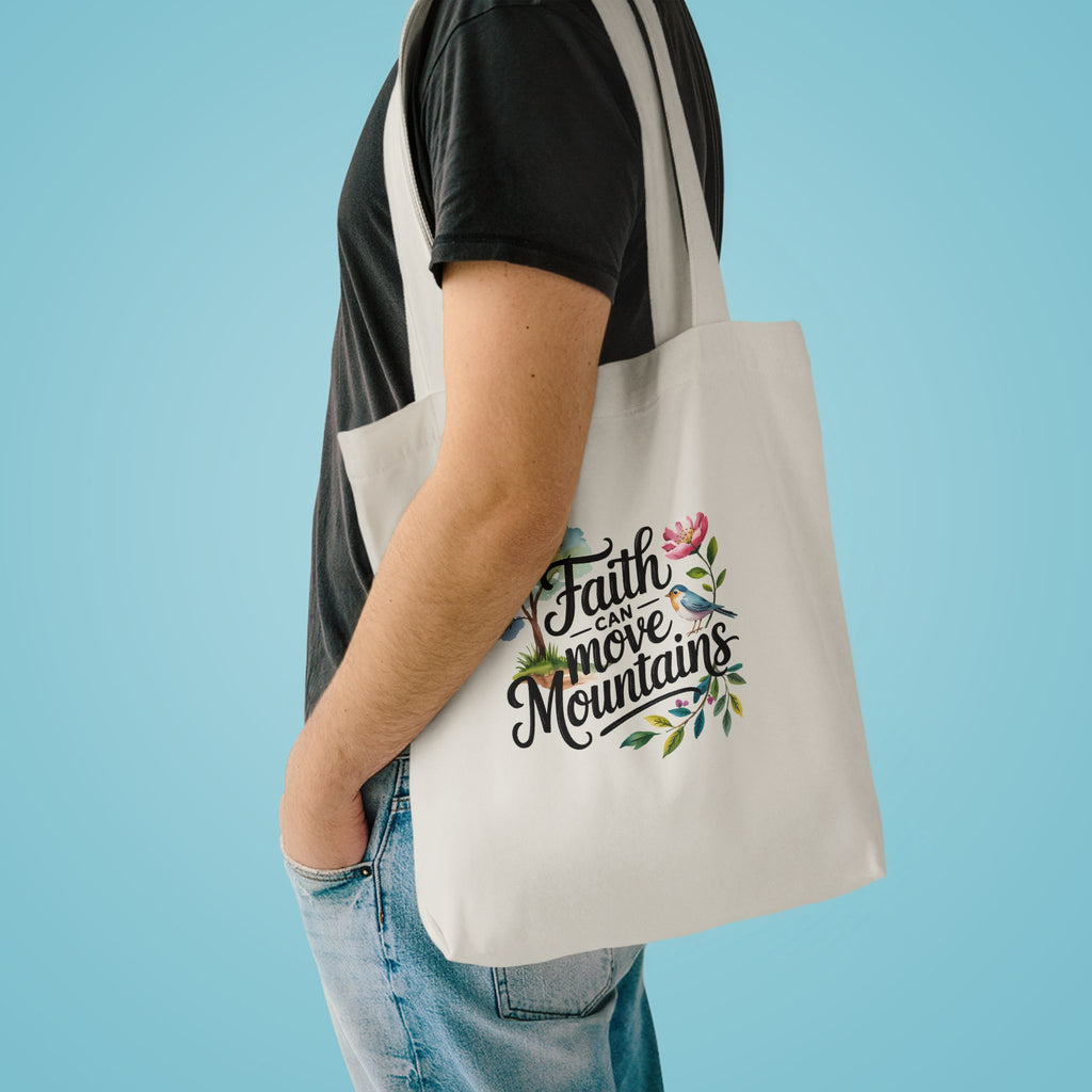 Faith Can Move Mountains Cotton Tote Bag – Floral Inspirational Grocery & Gift Tote