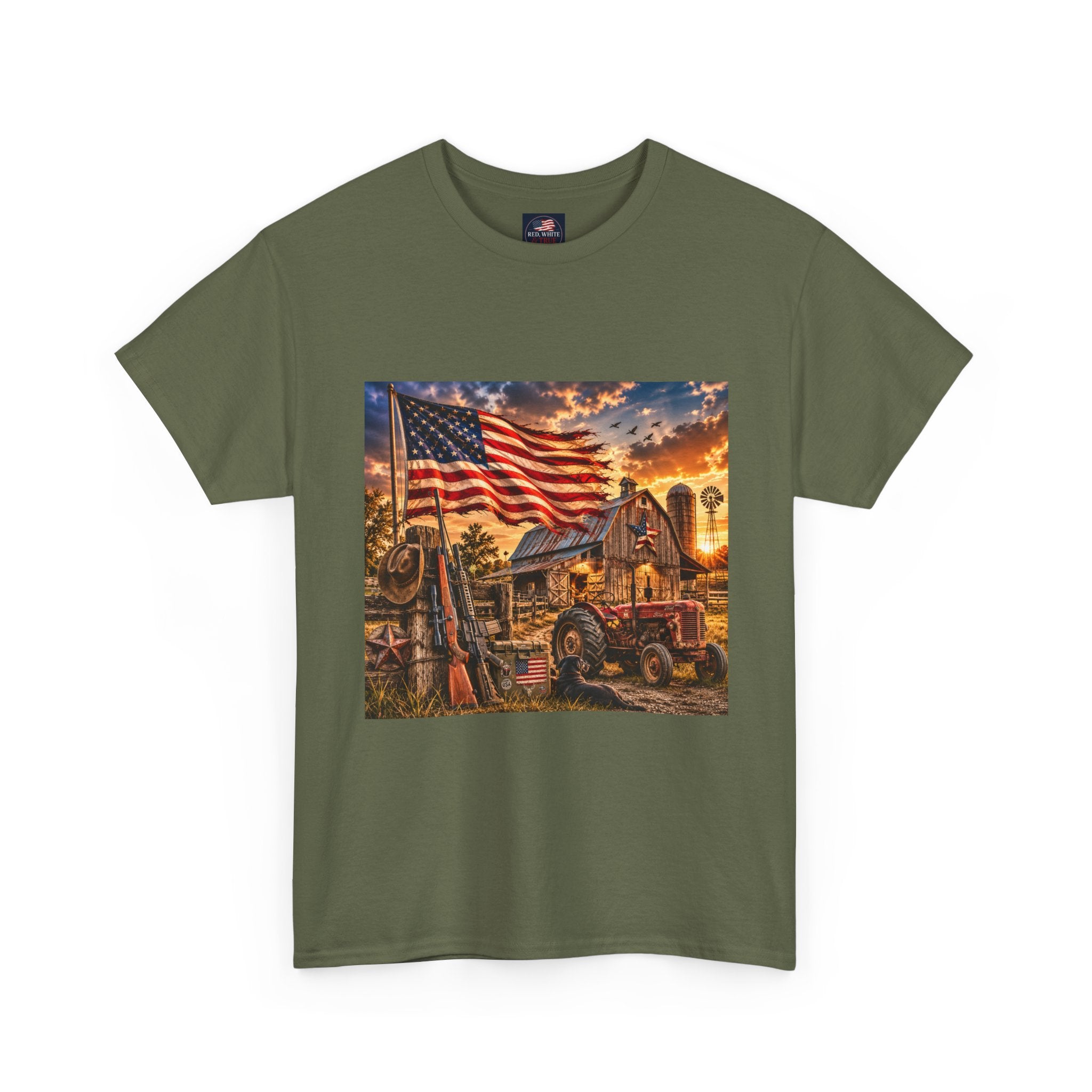 American Farm Sunset T-Shirt – Vintage Truck & Flag Rustic Patriotic Tee