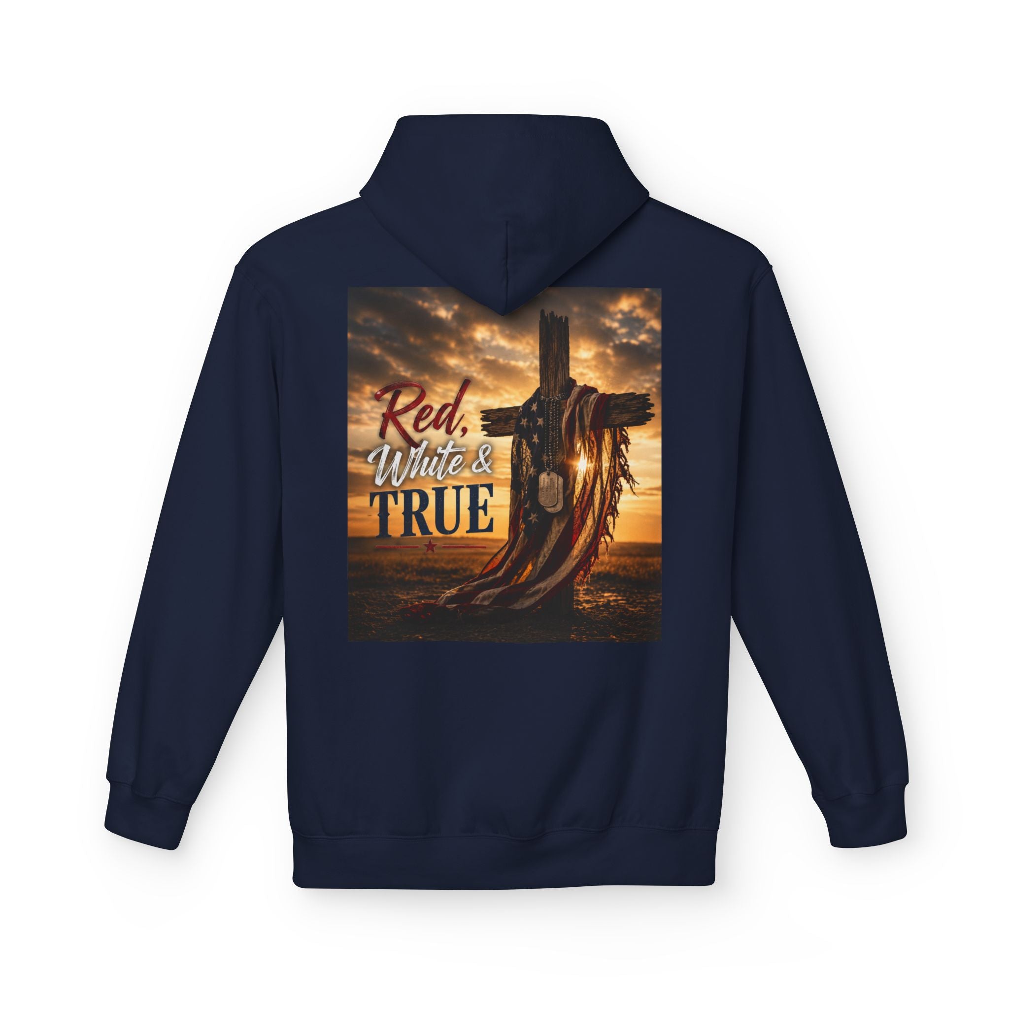 Red White & True Hoodie — Patriotic Cross Sunset Pullover