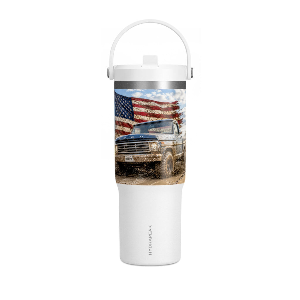 32oz Tumbler – Vintage Truck with American Flag Travel Mug