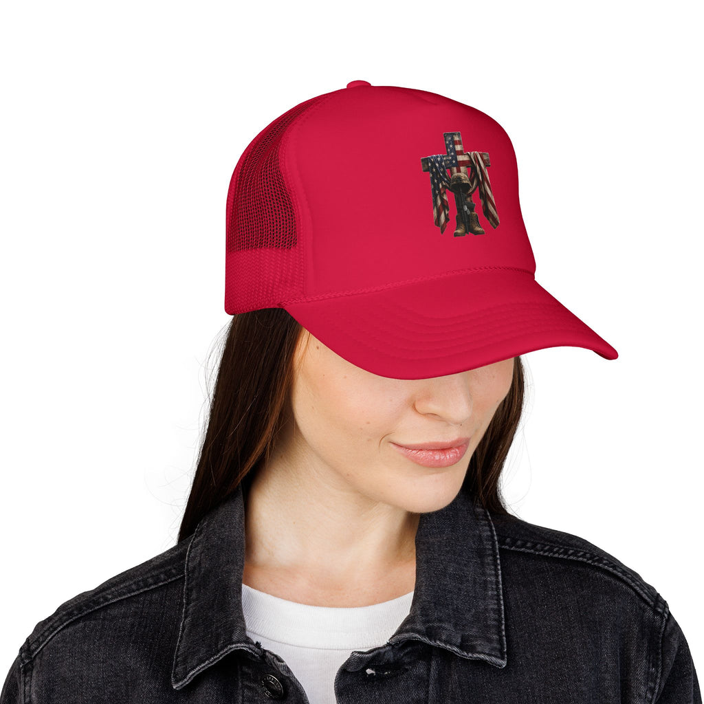 Trucker Hat — American Flag Cross with Soldier Memorial Design