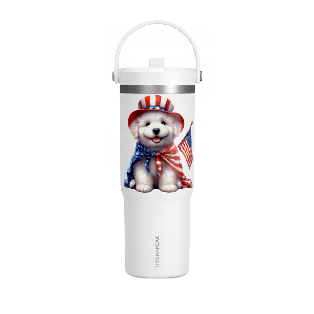 Patriotic Pup Tumbler — 32oz Insulated Travel Cup with American Flag Dog Design