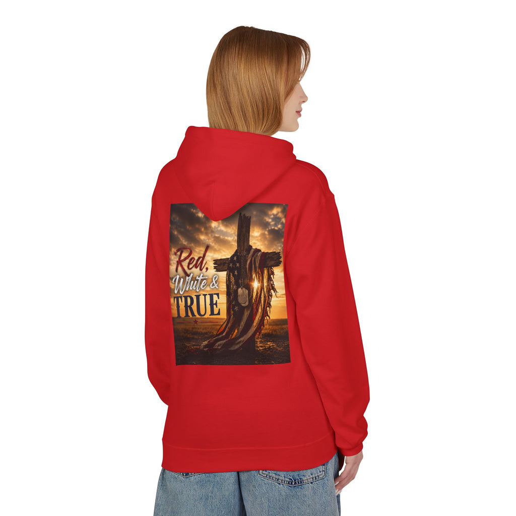 Red White & True Hoodie — Patriotic Cross Sunset Pullover