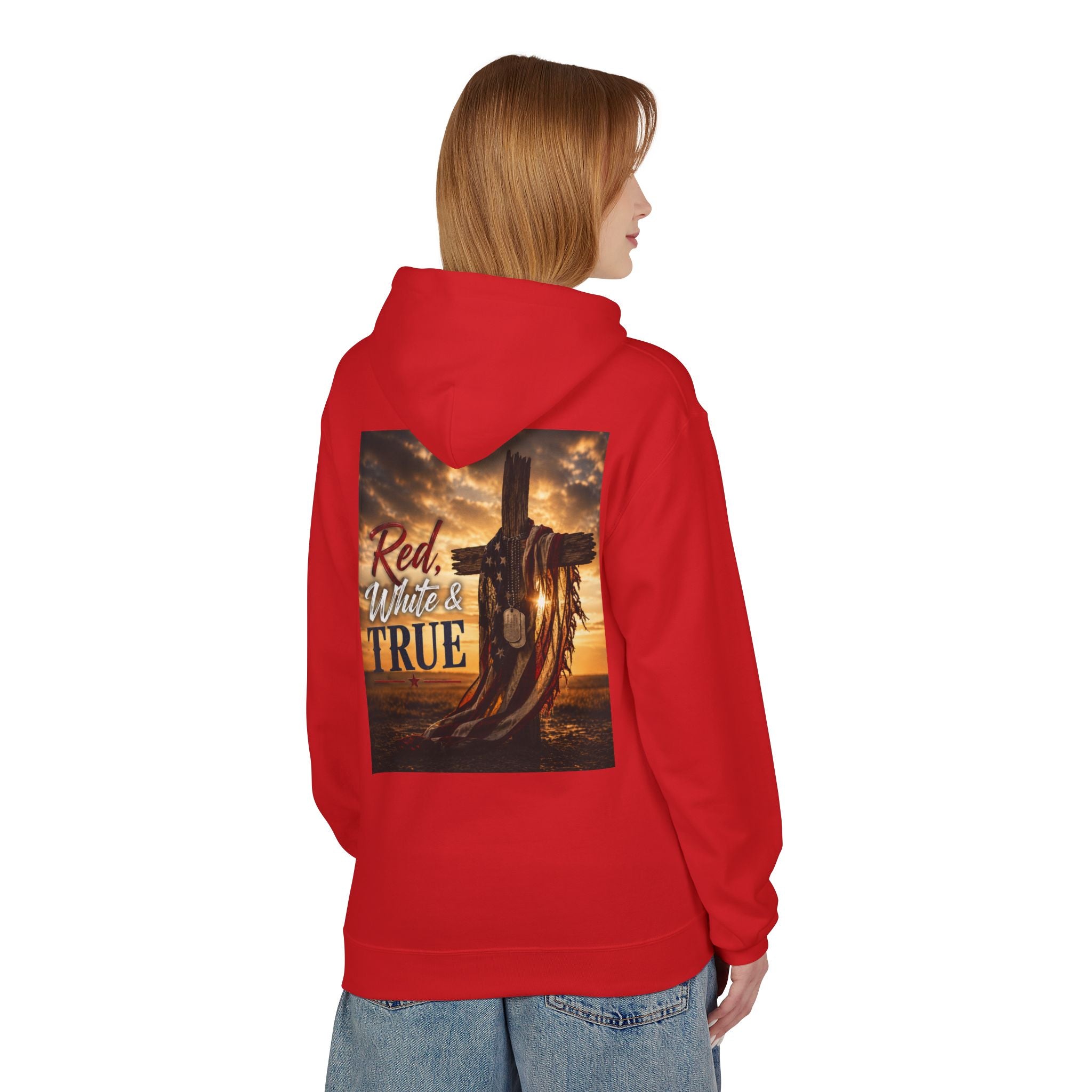 Red White & True Hoodie — Patriotic Cross Sunset Pullover