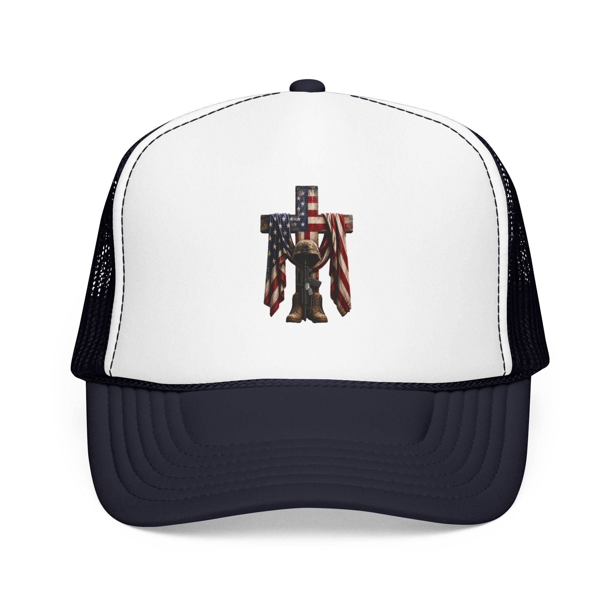 Trucker Hat — American Flag Cross with Soldier Memorial Design