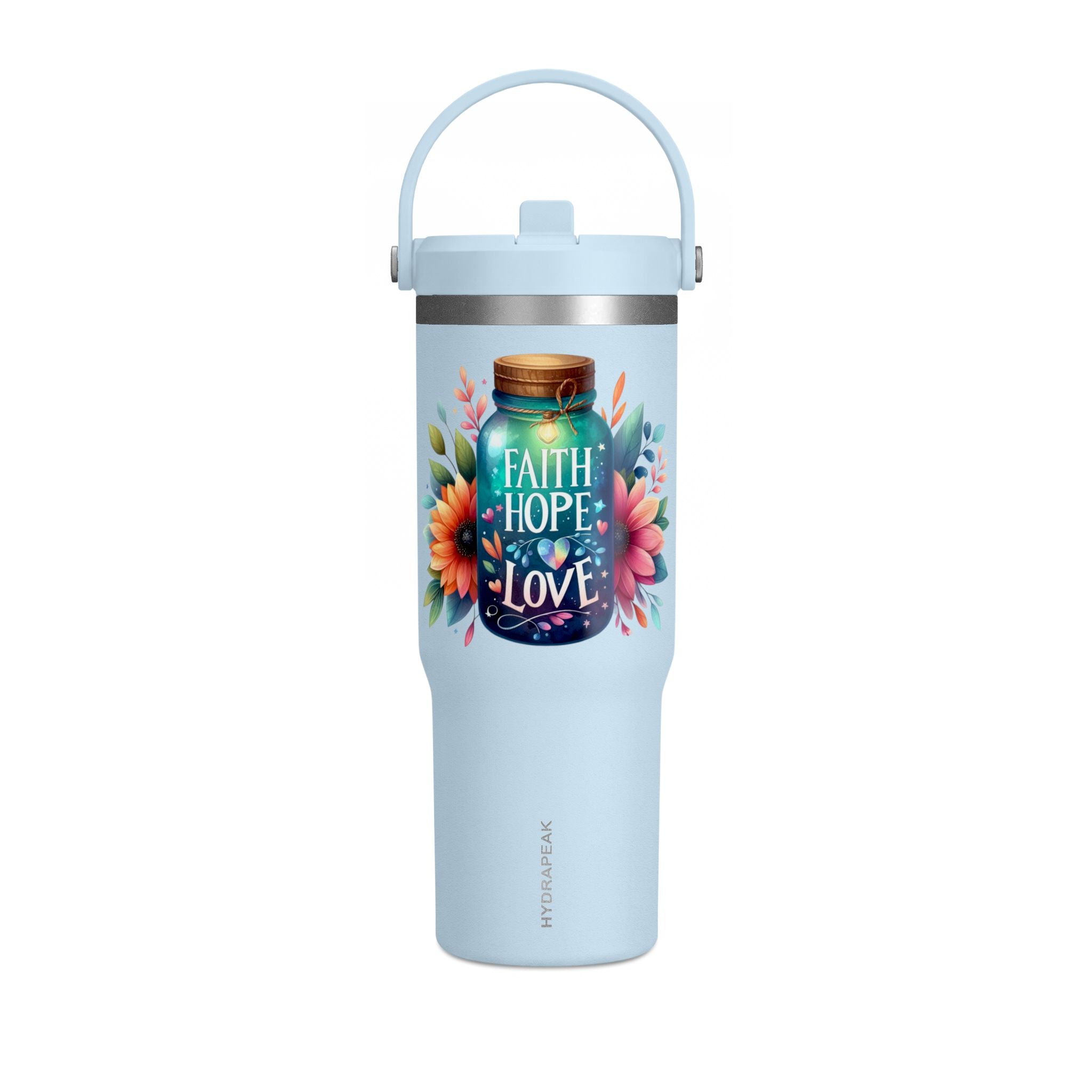 Faith Hope Love Tumbler — 32oz Insulated Travel Tumbler with Floral Jar Design