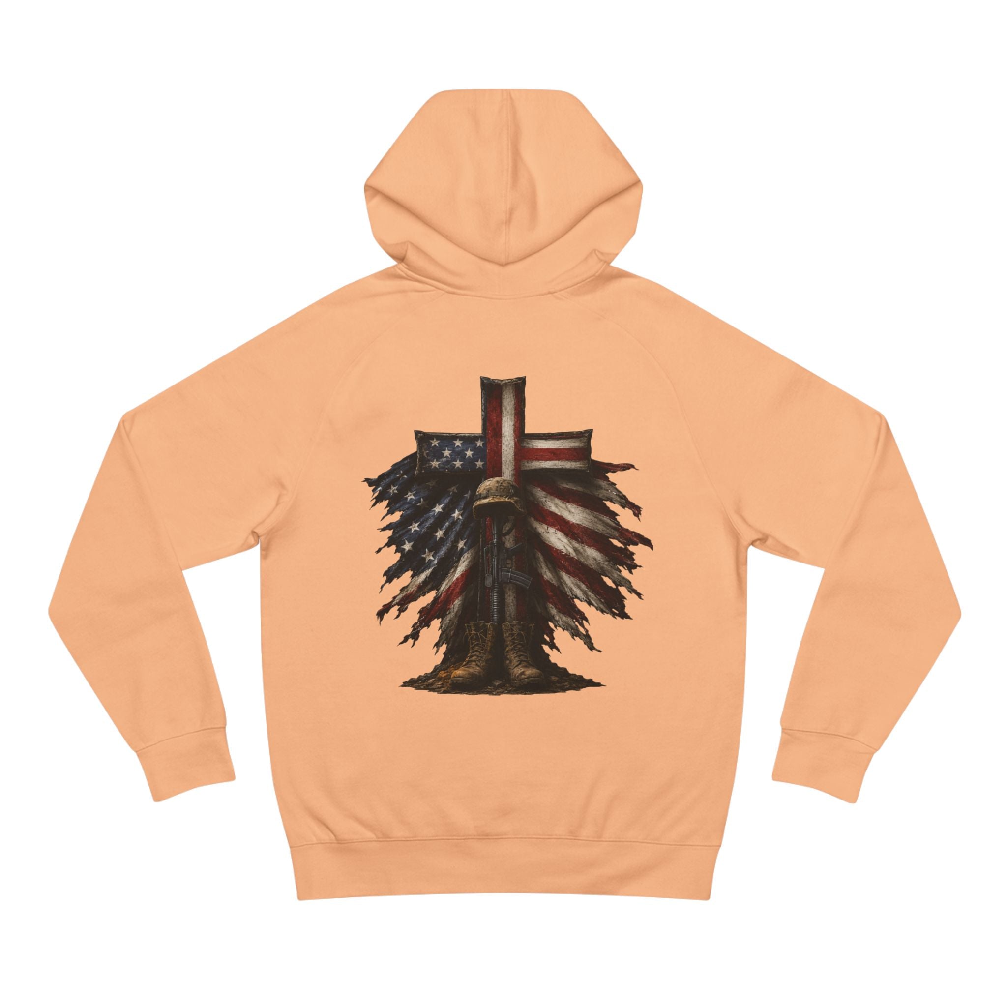 American Flag Cross Hoodie — Patriotic Skull & Wings Back Graphic