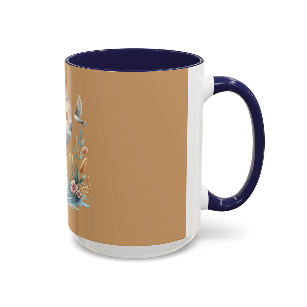 Christian Cross Accent Coffee Mug — Faith, Doves & Floral Baptism Gift (11/15oz)