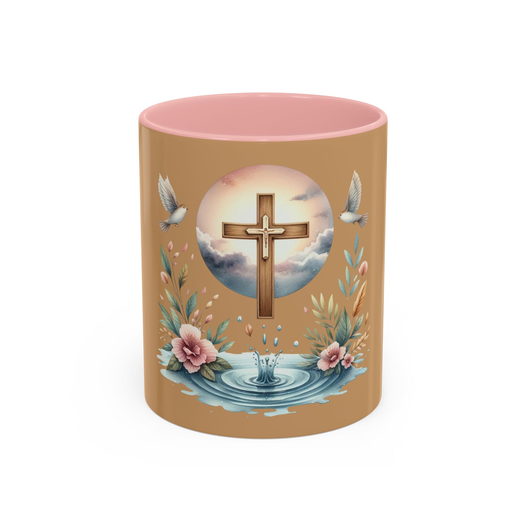 Christian Cross Accent Coffee Mug — Faith, Doves & Floral Baptism Gift (11/15oz)