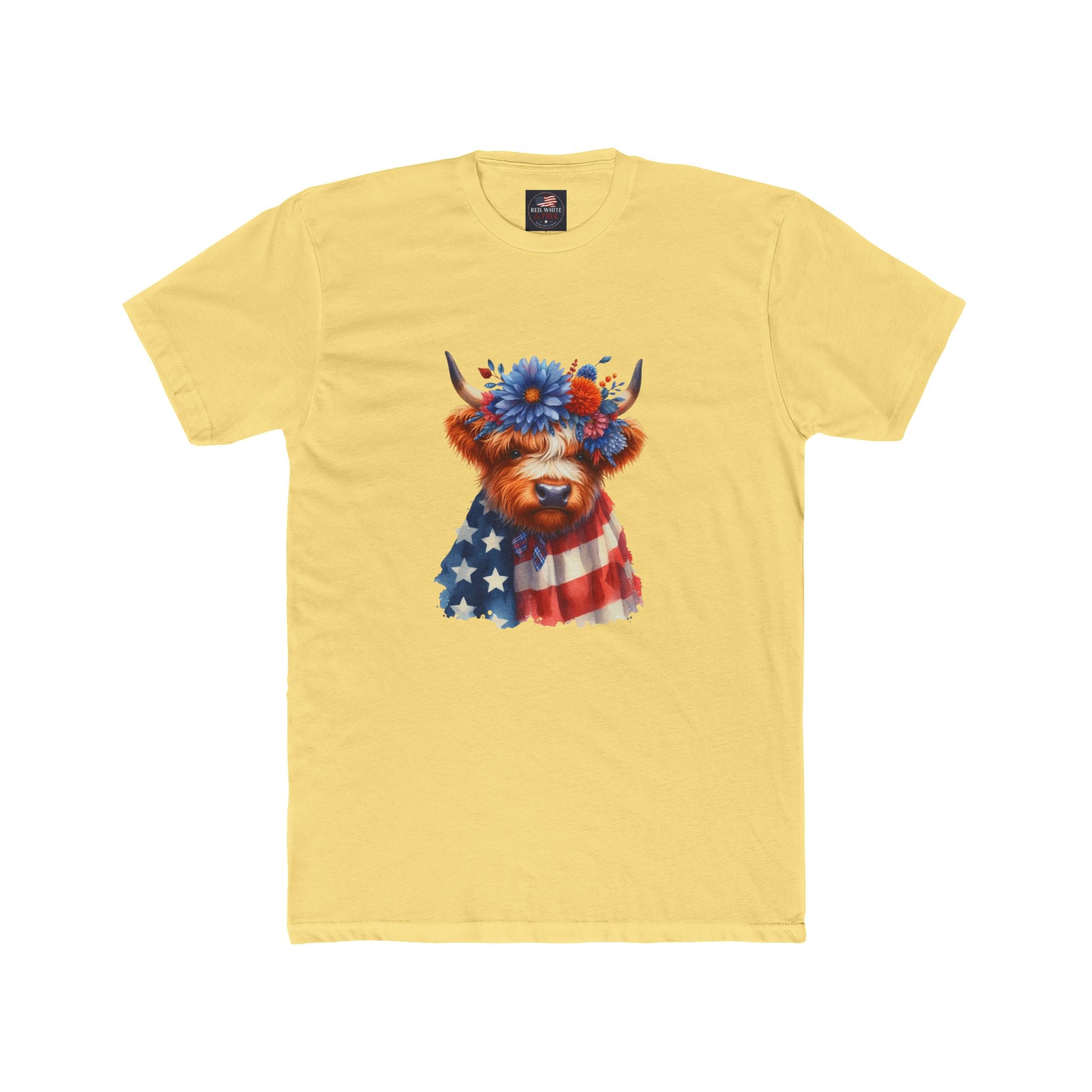 Patriotic Highland Cow T‑Shirt – American Flag & Floral Cow Graphic