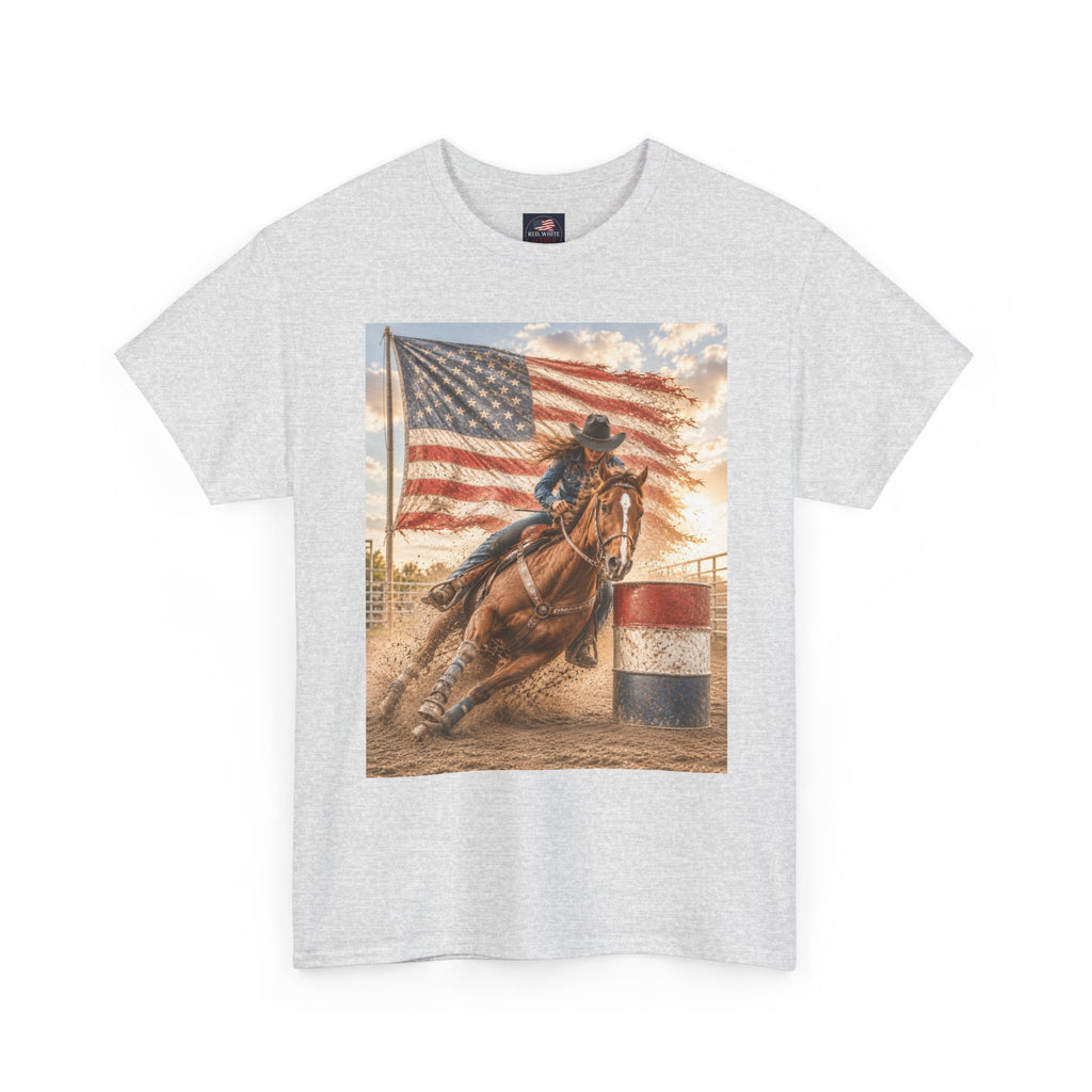 Patriotic Rodeo Barrel Racer T-Shirt — American Flag Horse Racing Tee