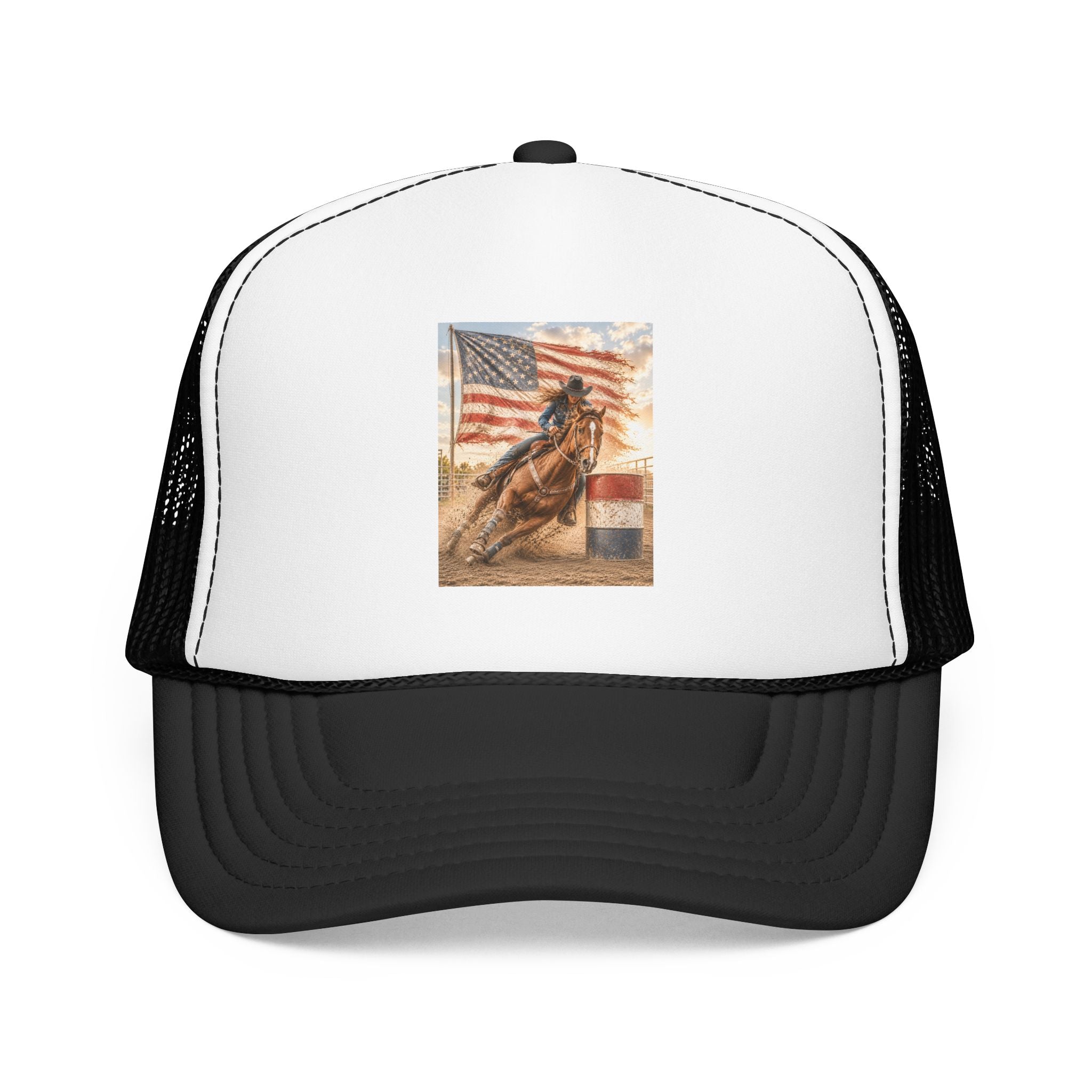 Western Rodeo Trucker Hat — Barrel Racing Horse with American Flag