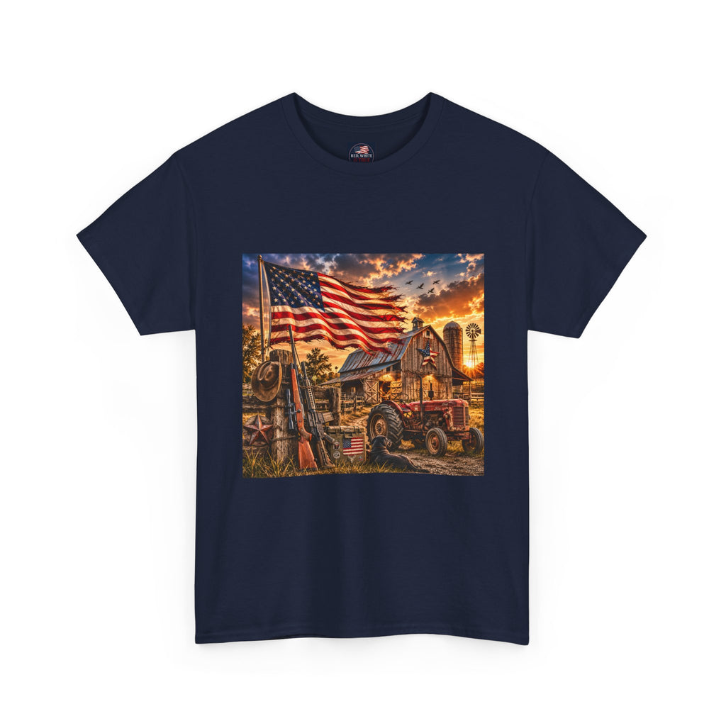 American Farm Sunset T-Shirt – Vintage Truck & Flag Rustic Patriotic Tee