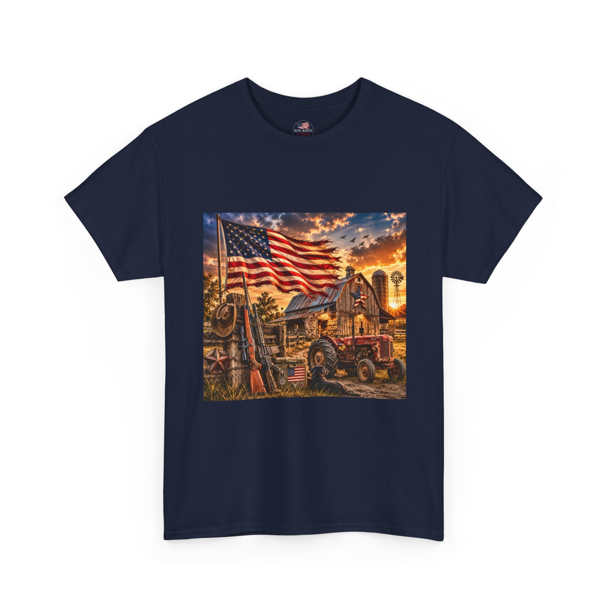 American Farm Sunset T-Shirt – Vintage Truck & Flag Rustic Patriotic Tee