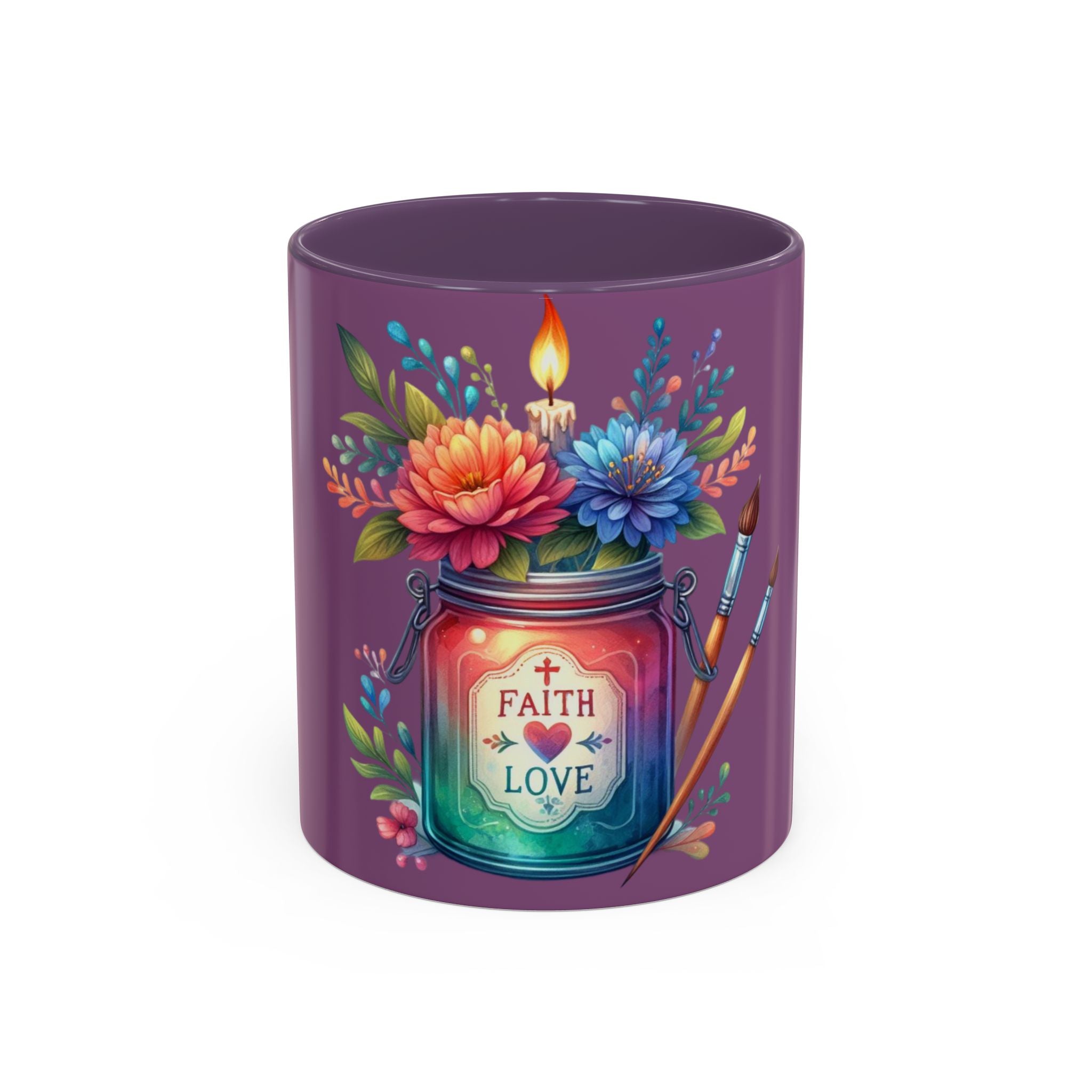 Faith & Love Floral Accent Coffee Mug — Colorful Candle Jar Design (11/15oz)