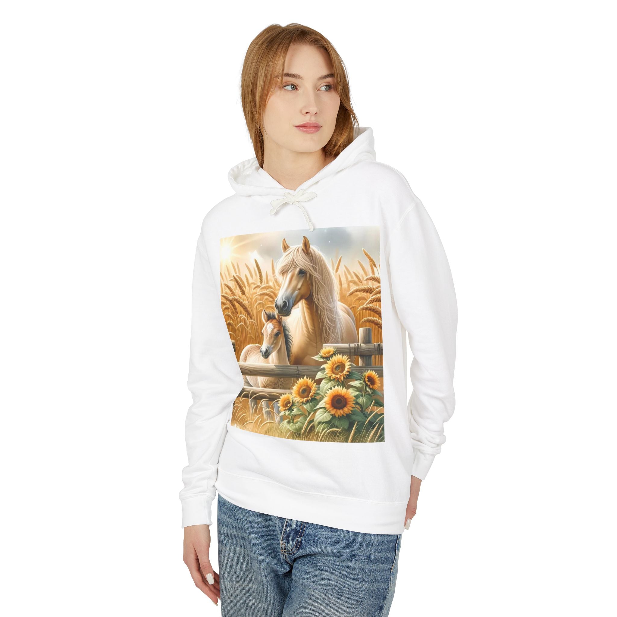 Horse & Foal Sunflower Hoodie — Pastel Farm Animal Sweatshirt
