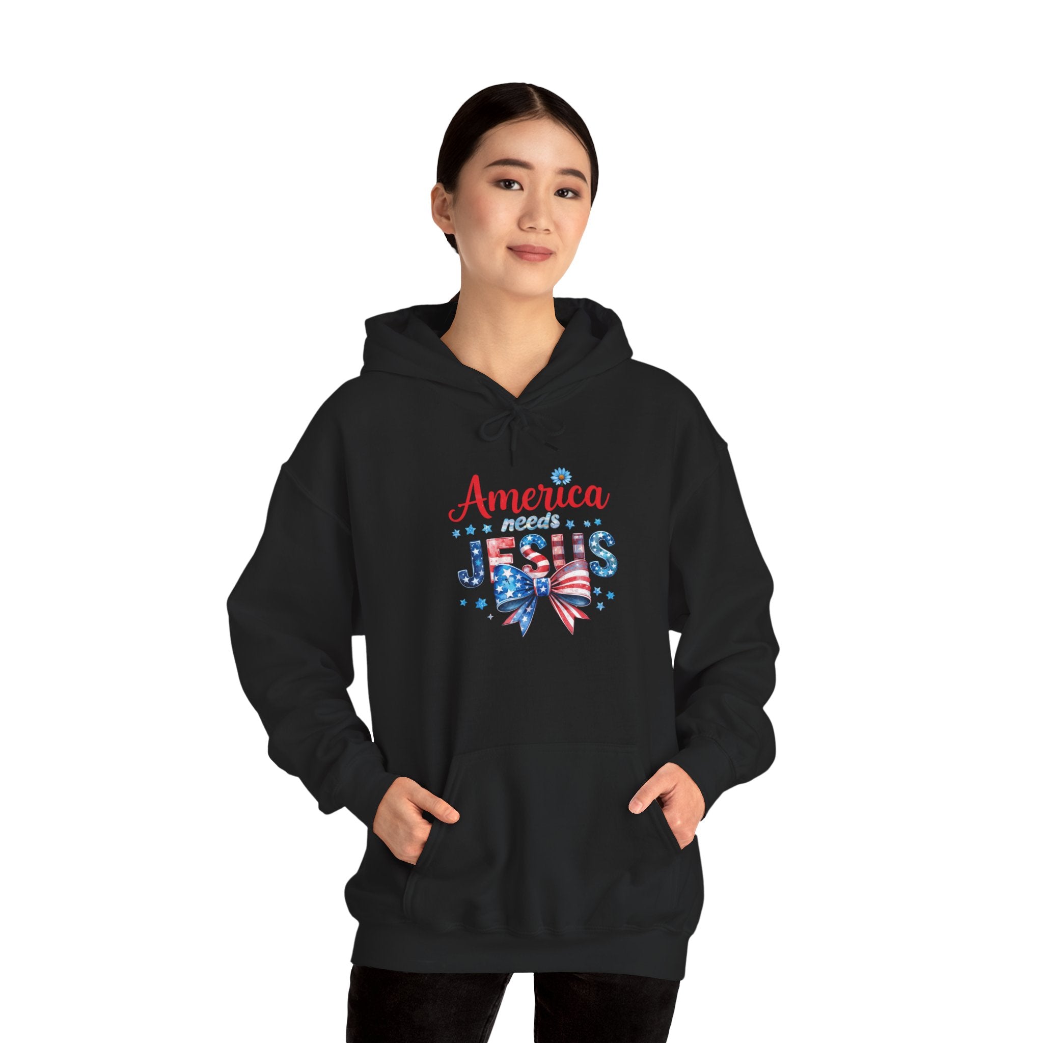America Loves Jesus Patriotic Hoodie – Flag Bow Christian Sweatshirt