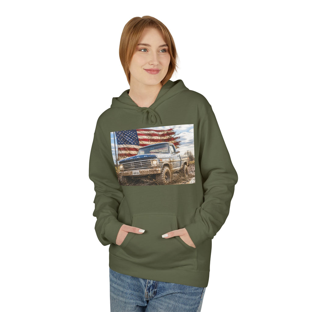 American Flag Vintage Truck Hoodie — Patriotic USA Pickup Sweatshirt