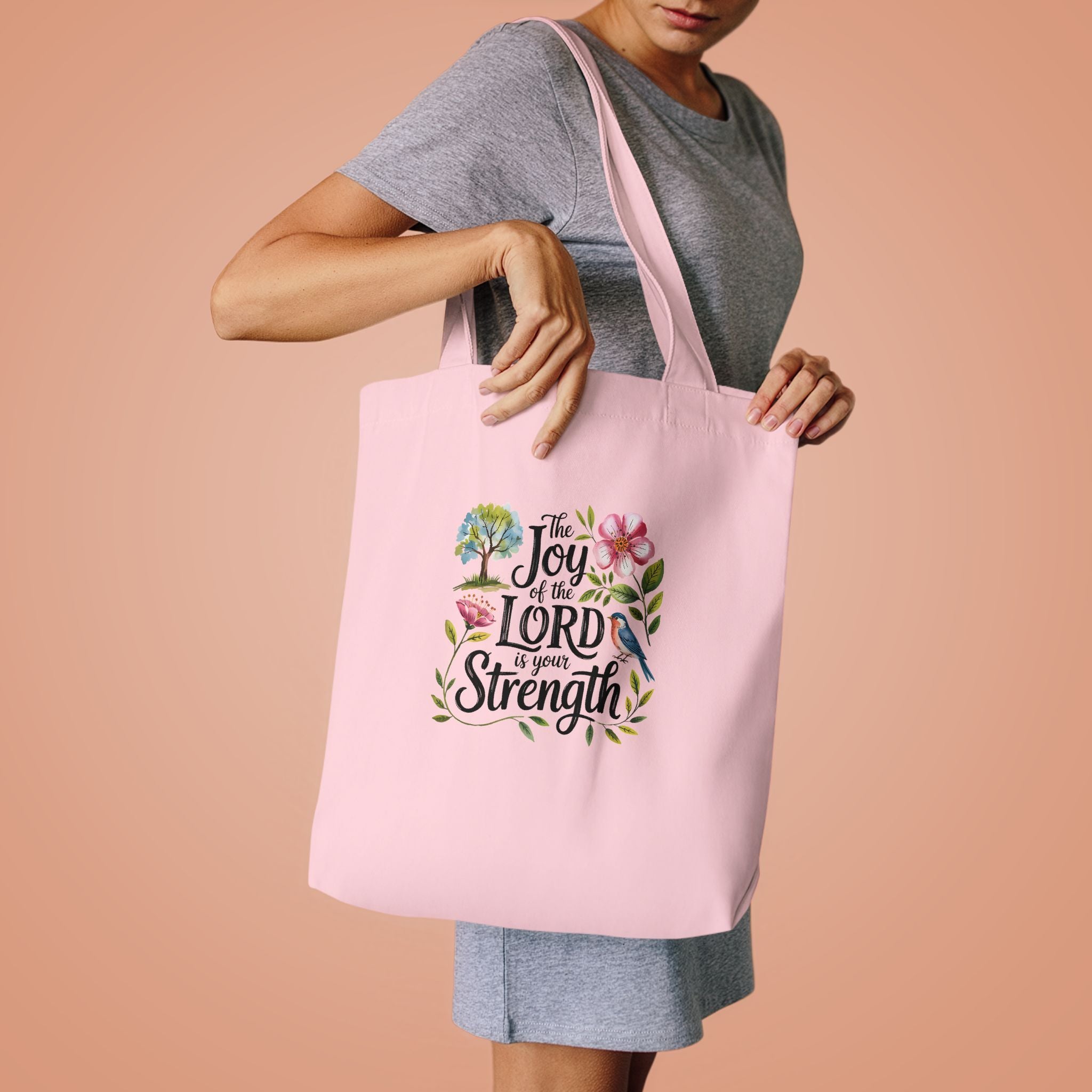 Floral Scripture Tote Bag — "The Joy of the Lord Is Your Strength" Cotton Shopper
